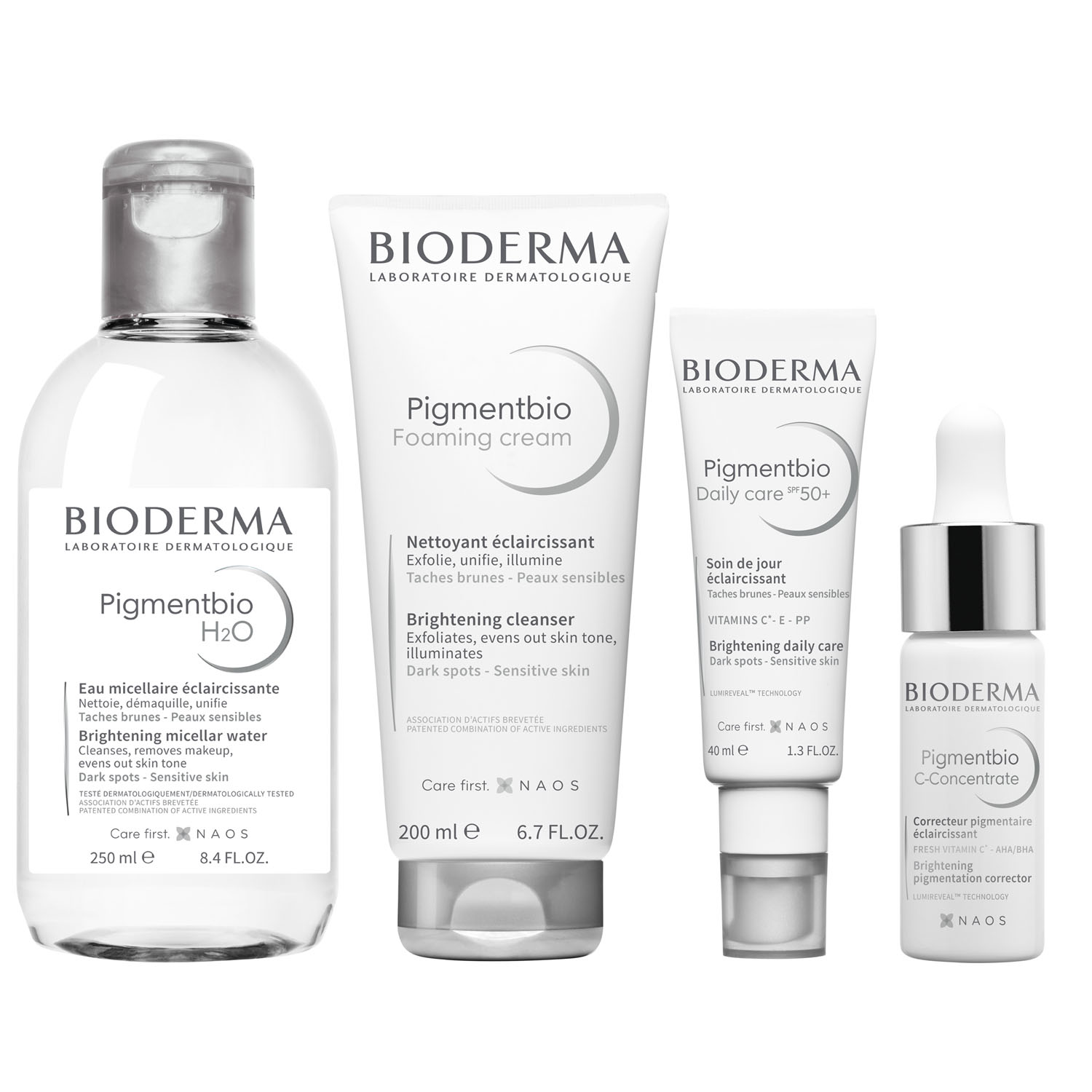 Bioderma Набор средств для кожи с пигментацией: крем SPF 50+, 40 мл + сыворотка 15 мл + очищающий крем 200 мл + мицеллярная вода 250 мл (Bioderma, Pigmentbio)