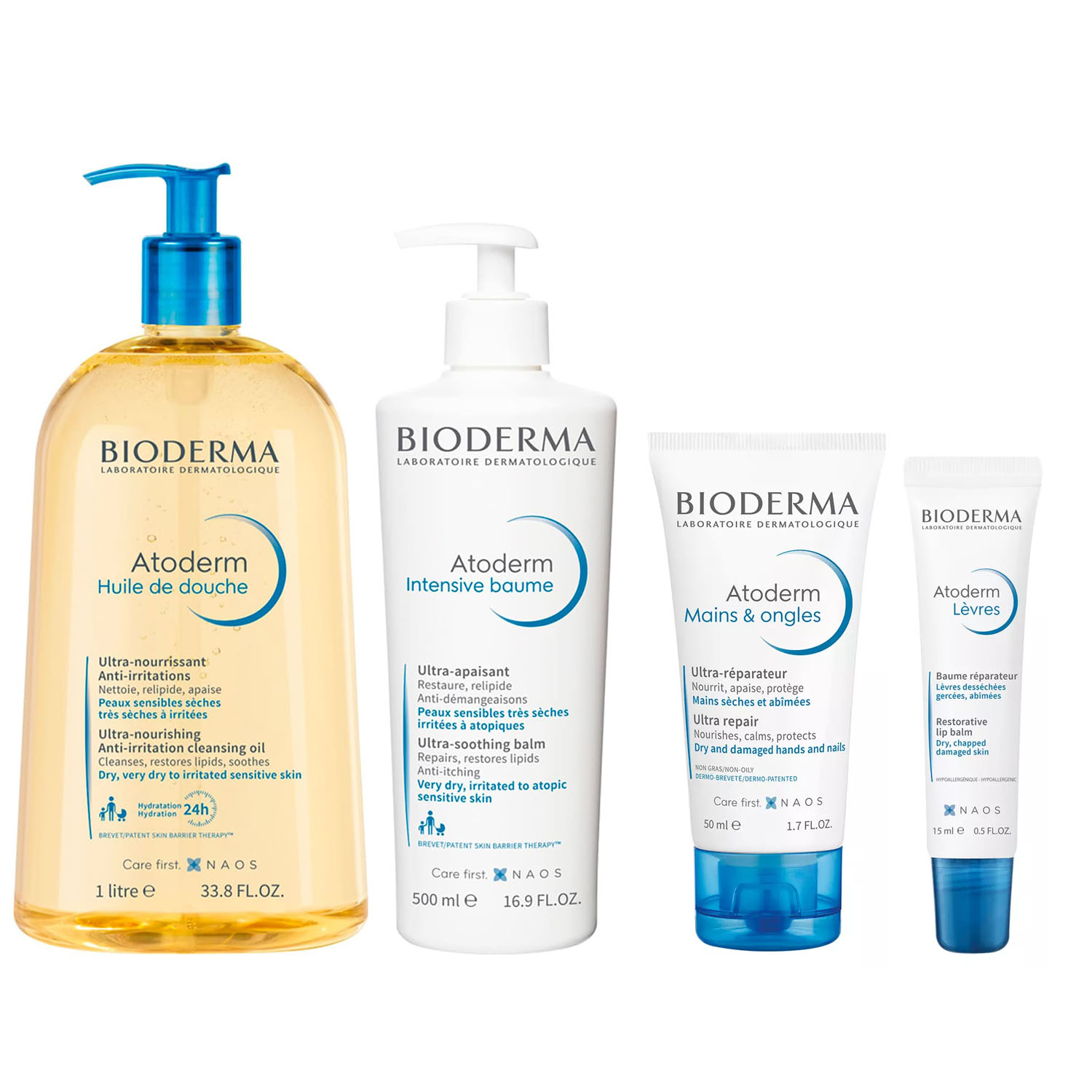 крем для рук bioderma atoderm hands repairing cream 50 мл Bioderma Набор средств для сухой кожи: бальзам 500 мл + крем для рук 50 мл + масло для душа 1000 мл + бальзам для губ 15 мл (Bioderma, Atoderm)