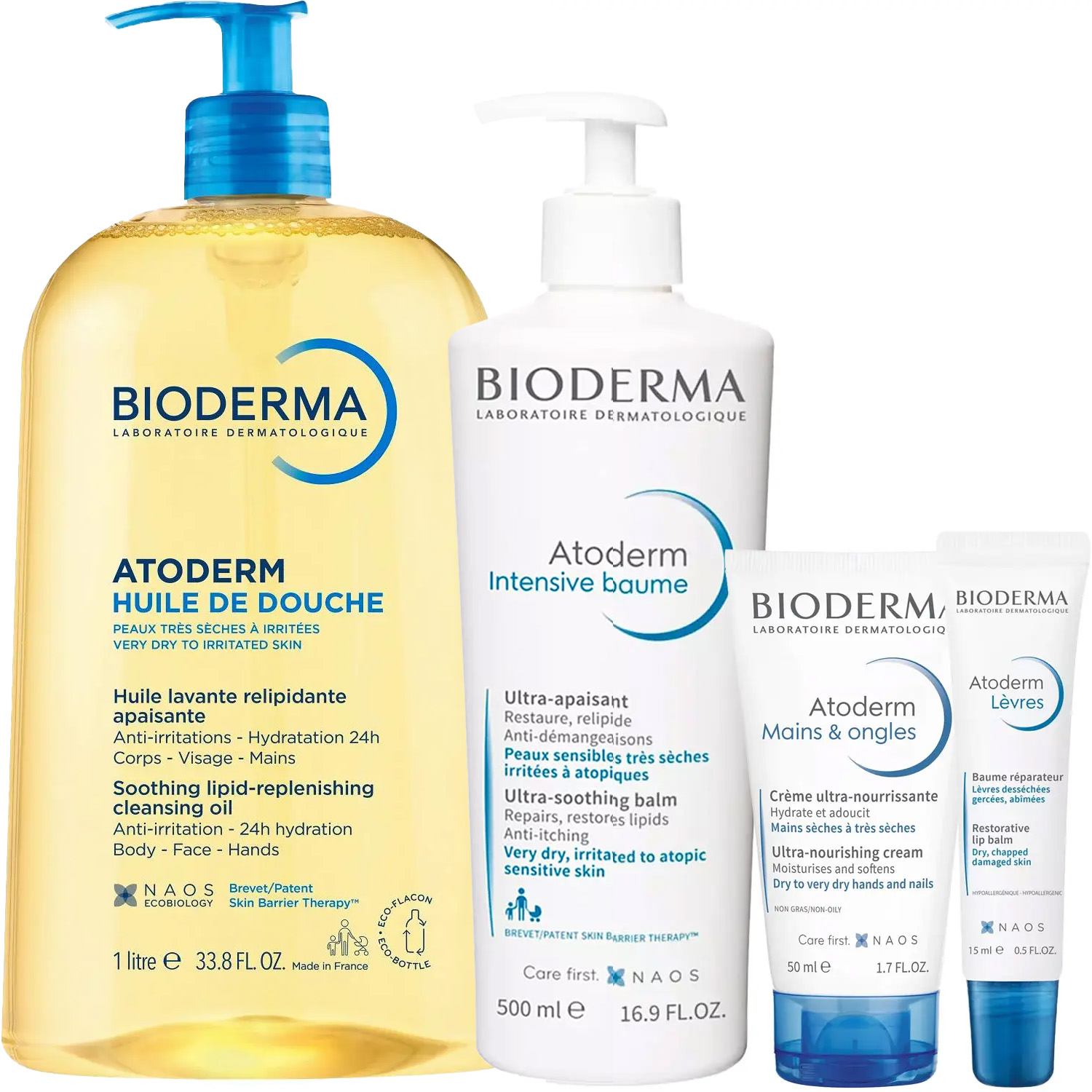 Биодерма Программа Atoderm комплексный уход: масло для душа 1 л + бальзам 500 мл + крем для рук 50 мл + бальзам для губ 15 мл (Bioderma, Atoderm) фото 5