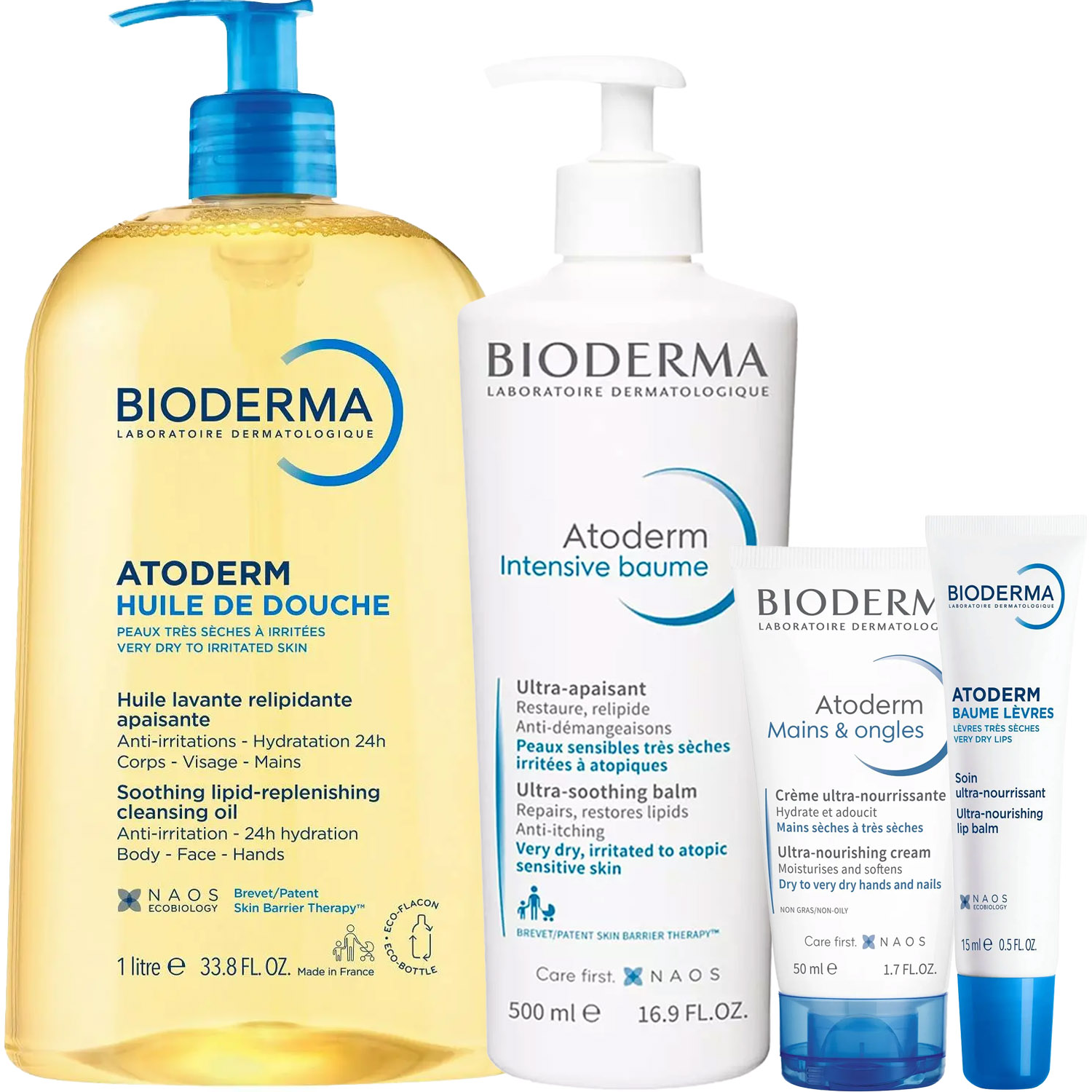 Биодерма Программа Atoderm комплексный уход: масло для душа 1 л + бальзам 500 мл + крем для рук 50 мл + бальзам для губ 15 мл (Bioderma, Atoderm) фото 5