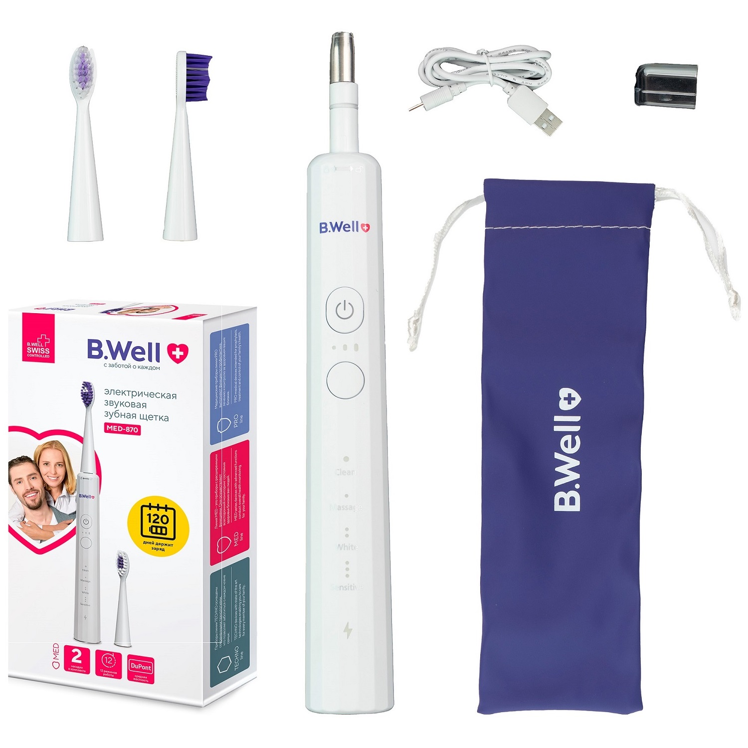 Би Велл Электрическая звуковая зубная щетка MED-870, белая (B.Well, MED) фото 2
