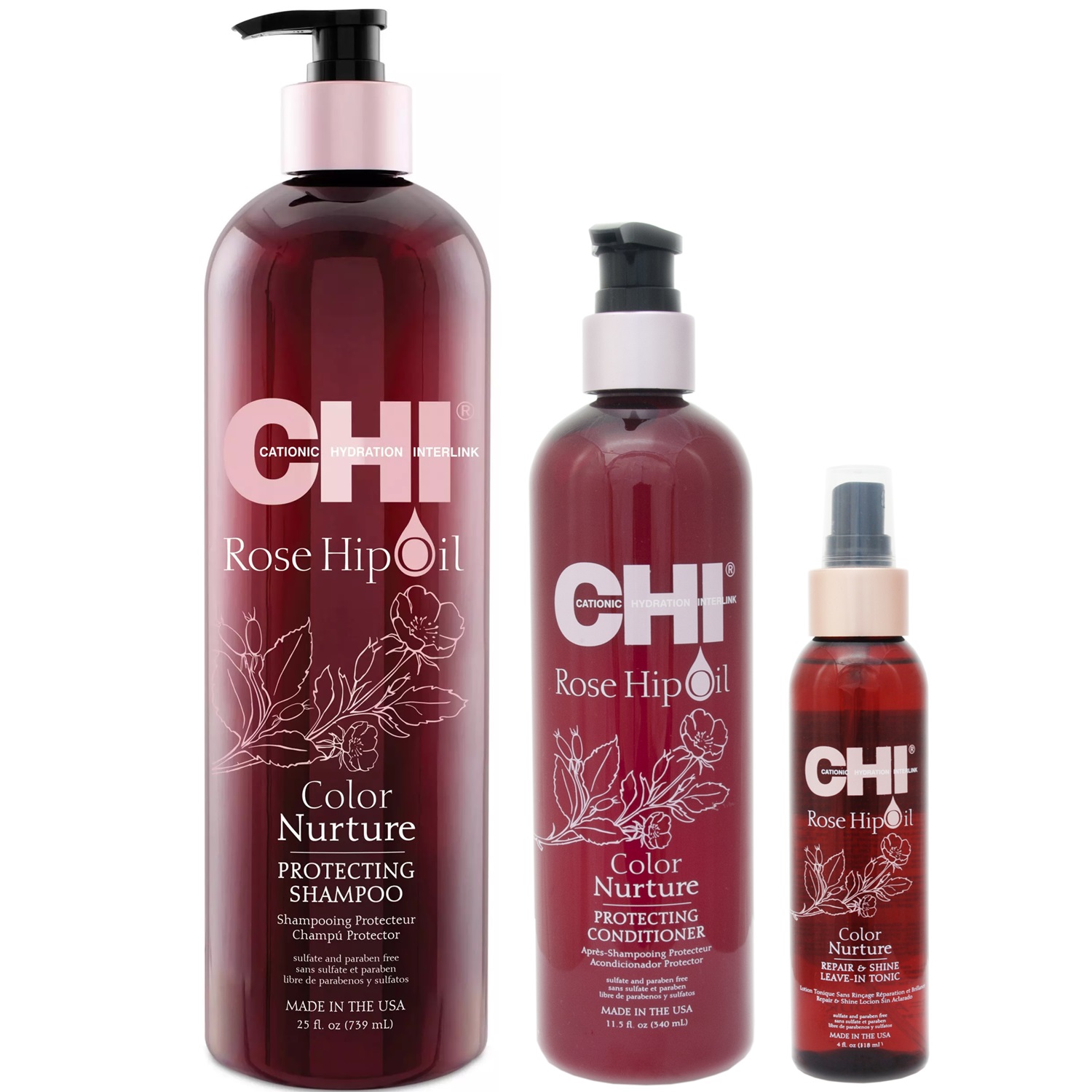 цена Chi Набор для окрашенных волос: шампунь 739 мл + кондиционер 340 мл + тоник 118 мл (Chi, Rose Hip Oil)