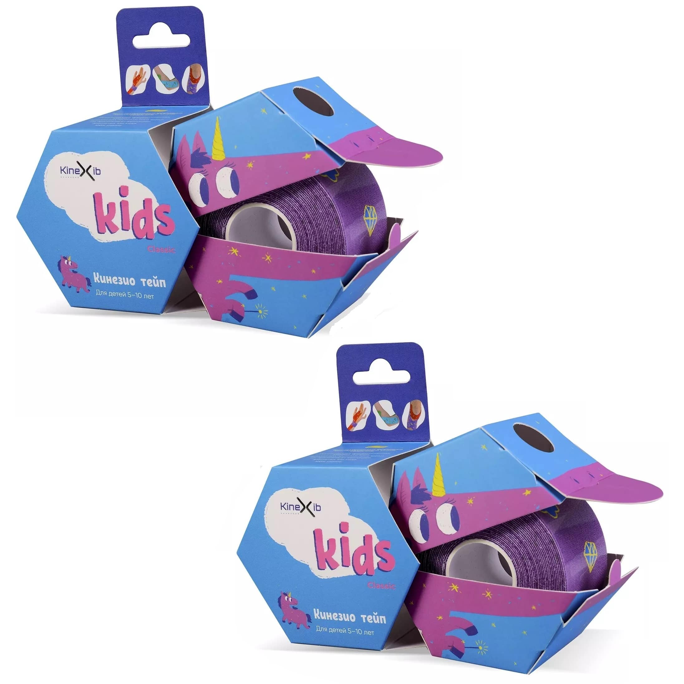 Кинексиб Кинезио тейп Classic Kids 4 см х 4 м фиолетовый, принт единорог, 2 шт (Kinexib, Kids) фото 0