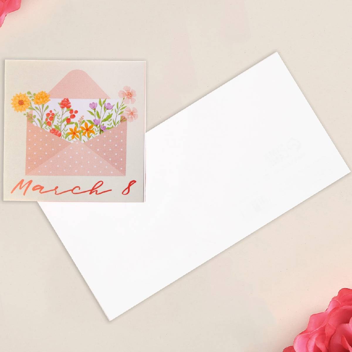  Открытка-мини March 8, конверт с цветами, 7 x 7 см (Подарочная упаковка, Открытки) фото 0