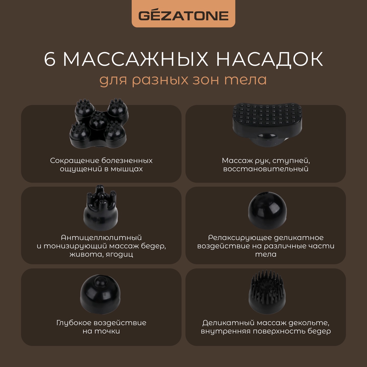 Жезатон Вибромассажер для тела с 6-ю насадками беспроводной AMG127 NEO (Gezatone, Массажеры для тела) фото 5