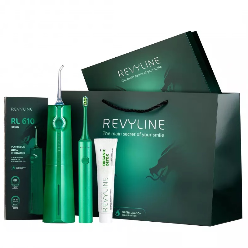 цена REVYLINE Подарочный набор Green Dragon №3: ирригатор + зубная щетка + зубная паста (REVYLINE, Ирригаторы)