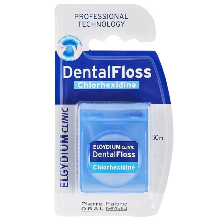 Elgydium Вощеная зубная нить с хлоргексидином DentalFloss, 50 м (Elgydium, ) curaprox нить зубная тефлоновая с хлоргексидином 35 м