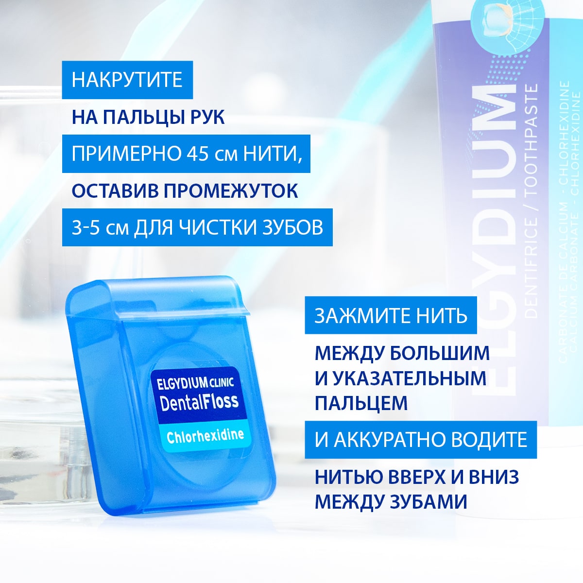 Эльгидиум Вощеная зубная нить с хлоргексидином DentalFloss, 50 м (Elgydium, ) фото 5