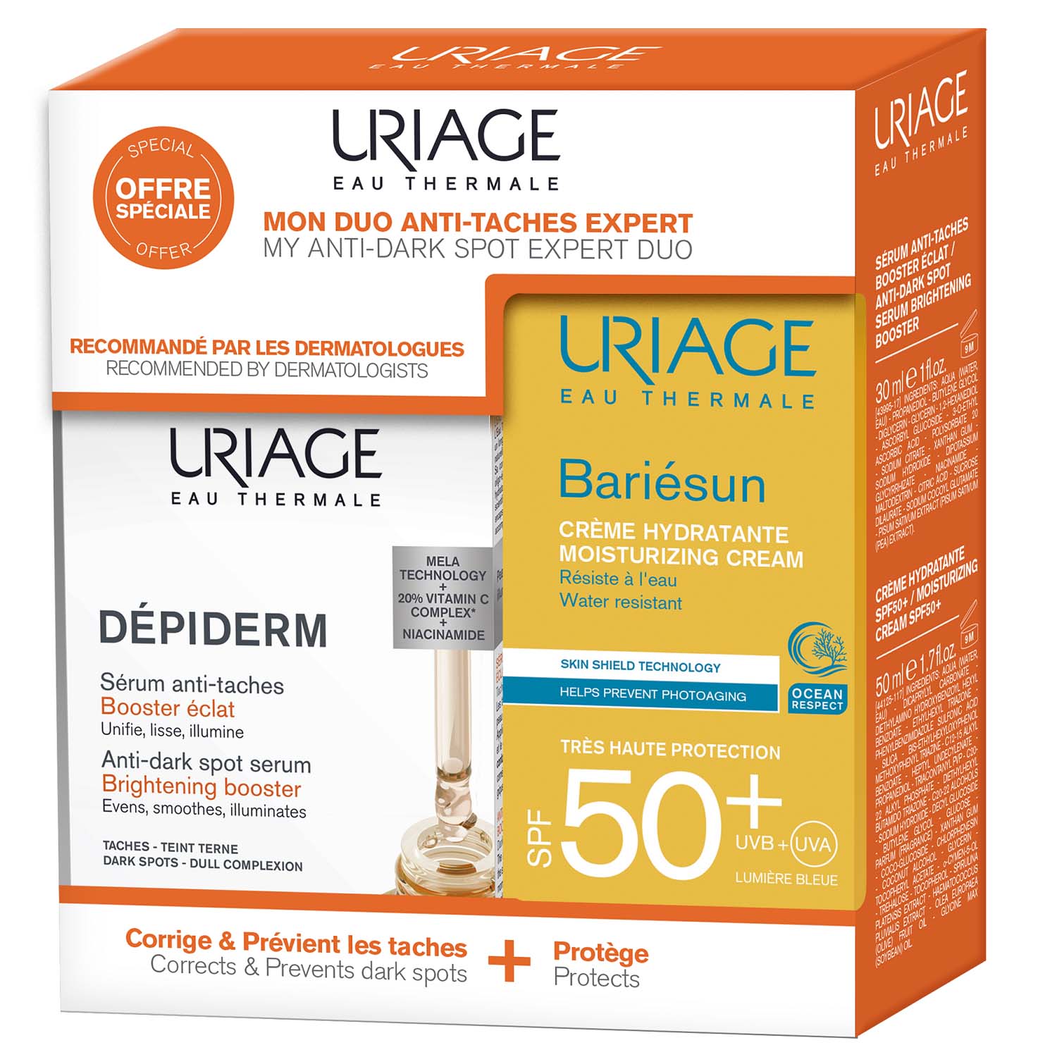 Урьяж Набор: сыворотка-бустер 30 мл + крем Барьесан SPF50+ 50 мл (Uriage, Depiderm) фото 0
