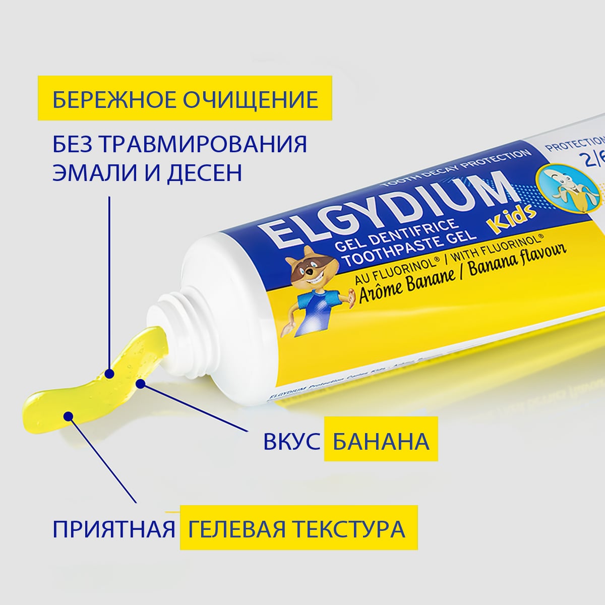Эльгидиум Детская зубная паста-гель для защиты от кариеса со вкусом банана 2-6 лет, 50 мл (Elgydium, Kids & Junior) фото 3