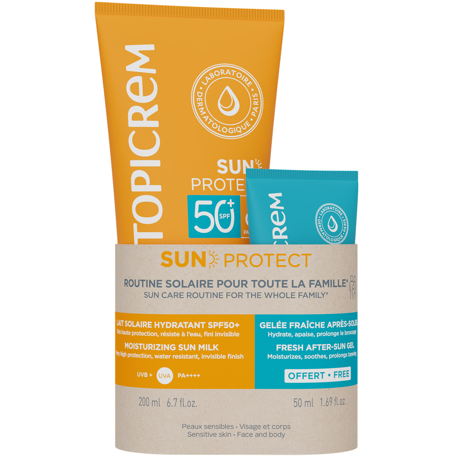 Топикрем Набор 3+: увлажняющее солнцезащитное молочко SPF50+ 200 мл + желе после загара 50 мл (Topicrem, Sun Protect) фото 0