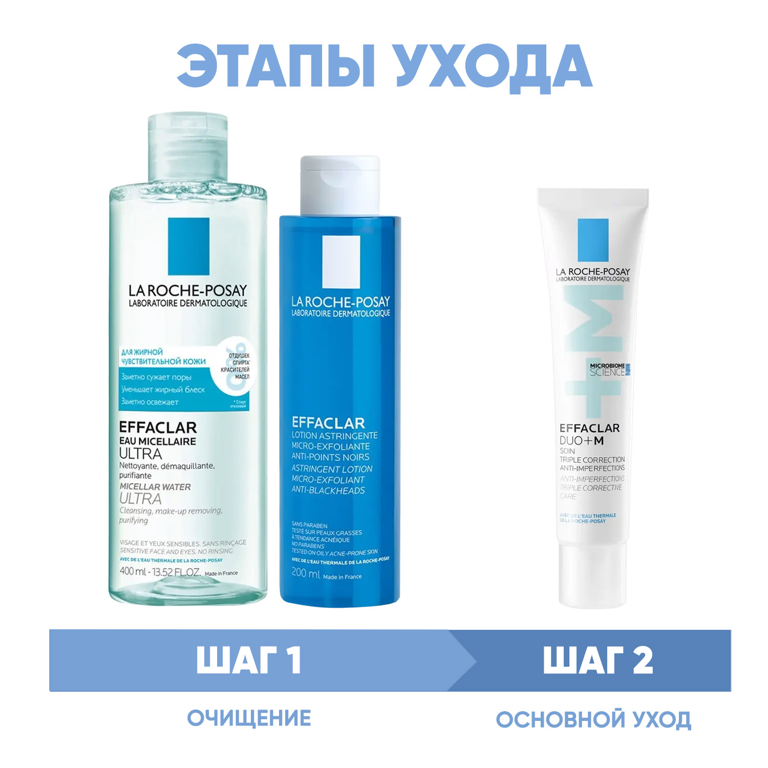La Roche-Posay Программа Effaclar очищение и основной уход мицеллярная вода 400 мл  лосьон 200 мл  крем-гель 40 мл. фото