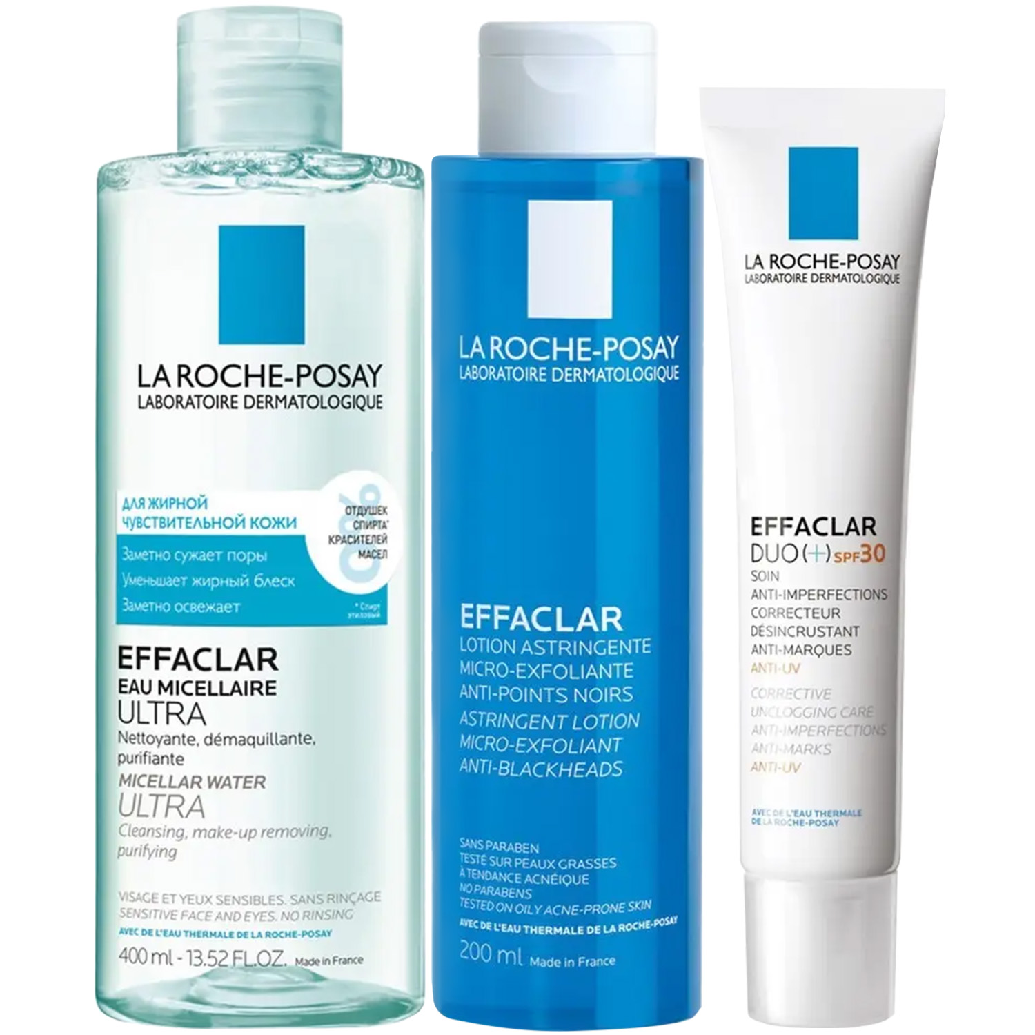 Ля Рош Позе Программа Effaclar очищение и основной уход: мицеллярная вода 400 мл + лосьон 200 мл + крем-гель SPF30 40 мл (La Roche-Posay, Effaclar) фото 2