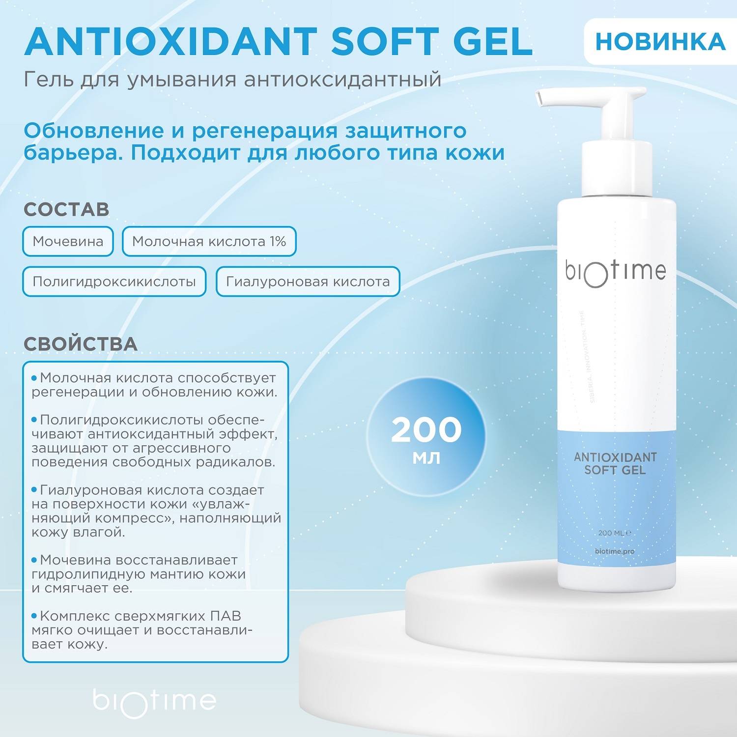 Биотайм Антиоксидантный гель для умывания, 200 мл (Biotime, Antioxidant) фото 1