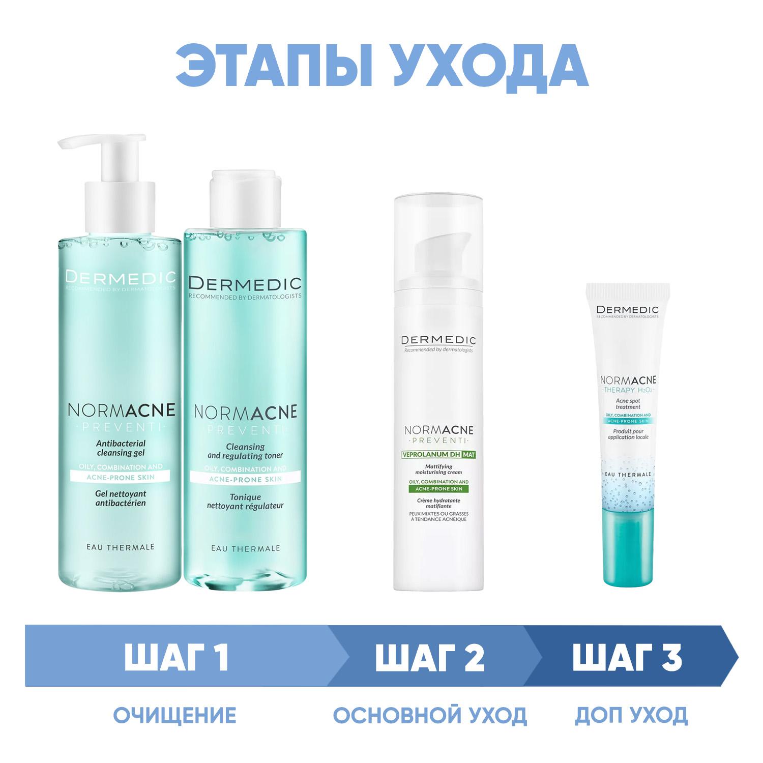 Дермедик Программа Normacne комплексный уход: гель 200 мл + тоник 200 мл + крем 40 мл + точечный гель 15 мл (Dermedic, Normacne) фото 1