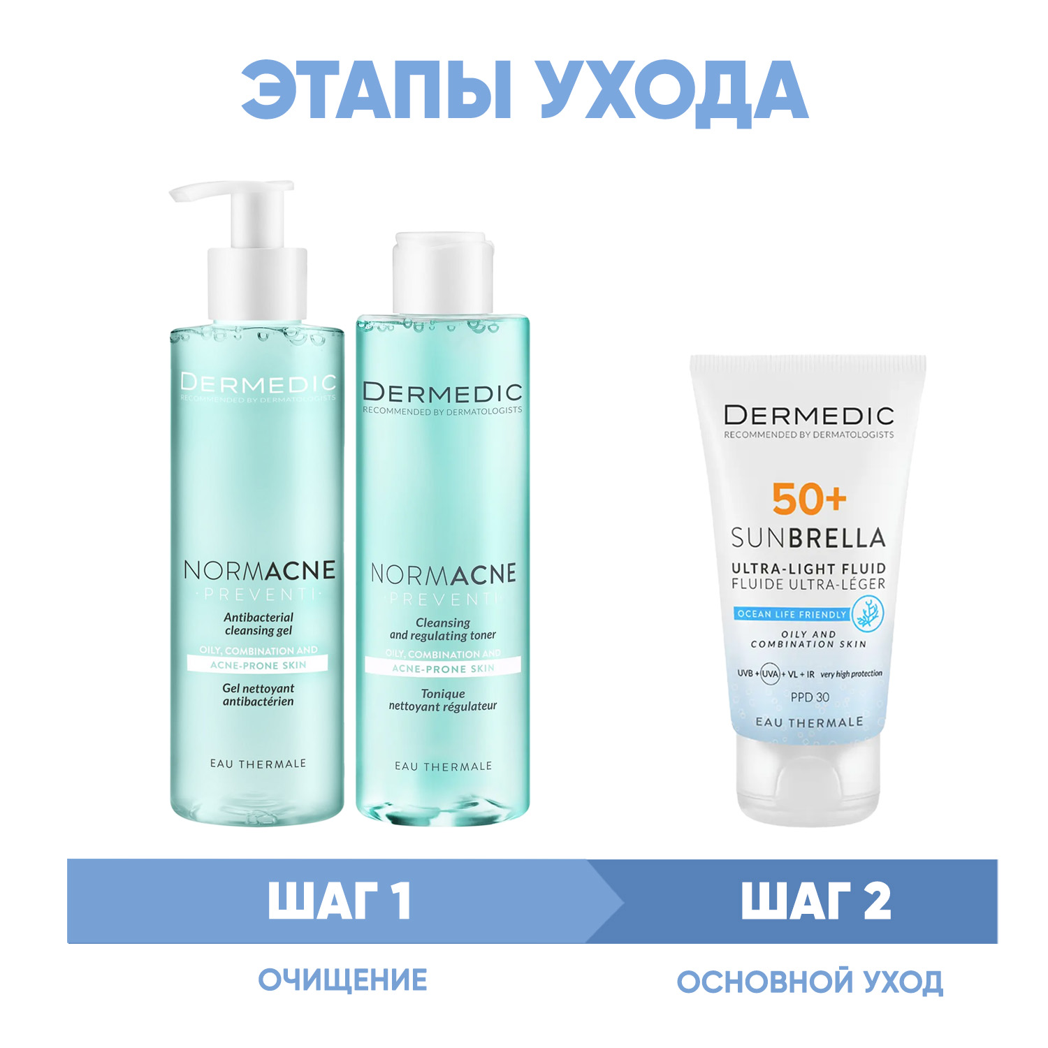 Дермедик Программа Normacne очищение и основной уход: гель 200 мл + тоник 200 мл + флюид  SPF50+ 40 мл (Dermedic, Normacne) фото 1