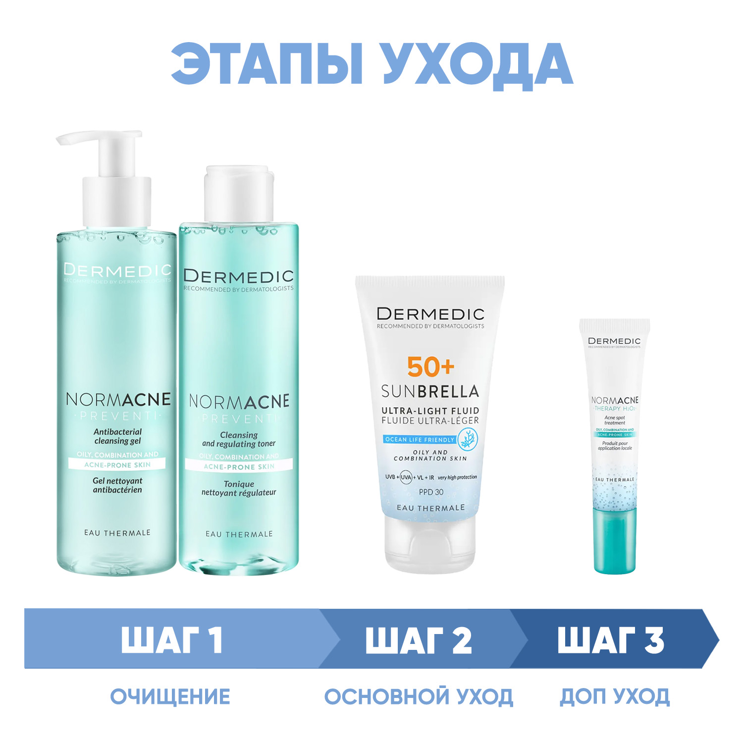 Дермедик Программа Normacne комплексный уход: гель 200 мл + тоник 200 мл + флюид  SPF50+ 40 мл + точечный гель 15 мл (Dermedic, Normacne) фото 1