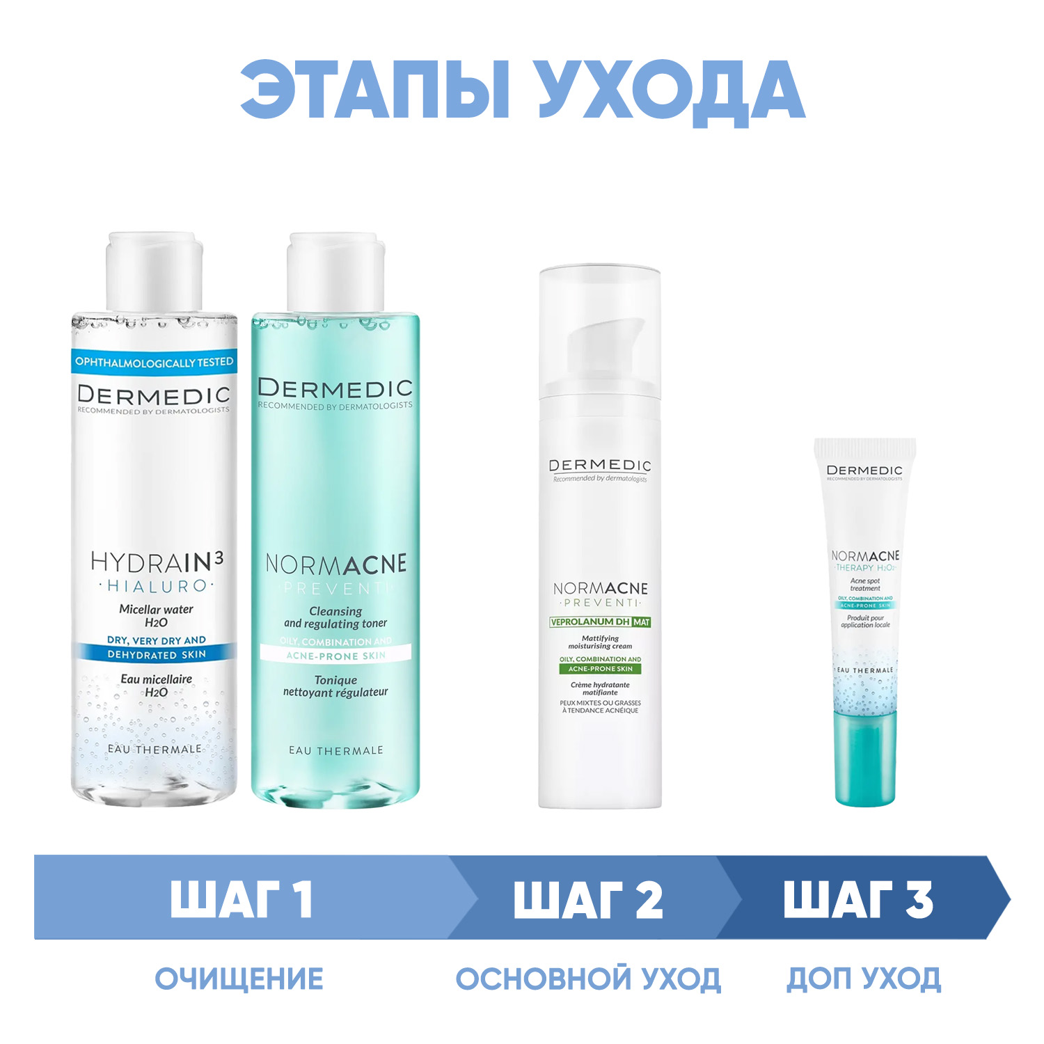 Дермедик Программа Normacne комплексный уход: мицеллярная вода 200 мл + тоник 200 мл + крем 40 мл + точечный гель 15 мл (Dermedic, Normacne) фото 1