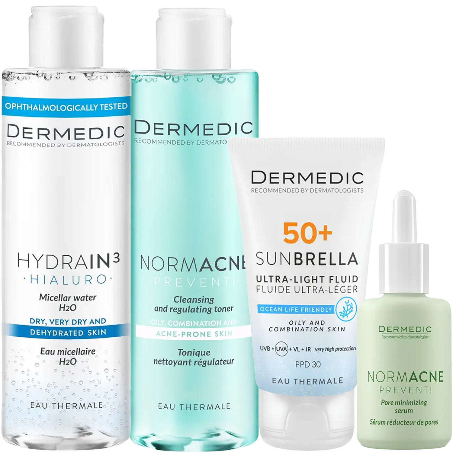 Дермедик Программа Normacne комплексный уход: мицеллярная вода 200 мл + тоник 200 мл + флюид  SPF50+ 40 мл + сыворотка 30 мл (Dermedic, Normacne) фото 2