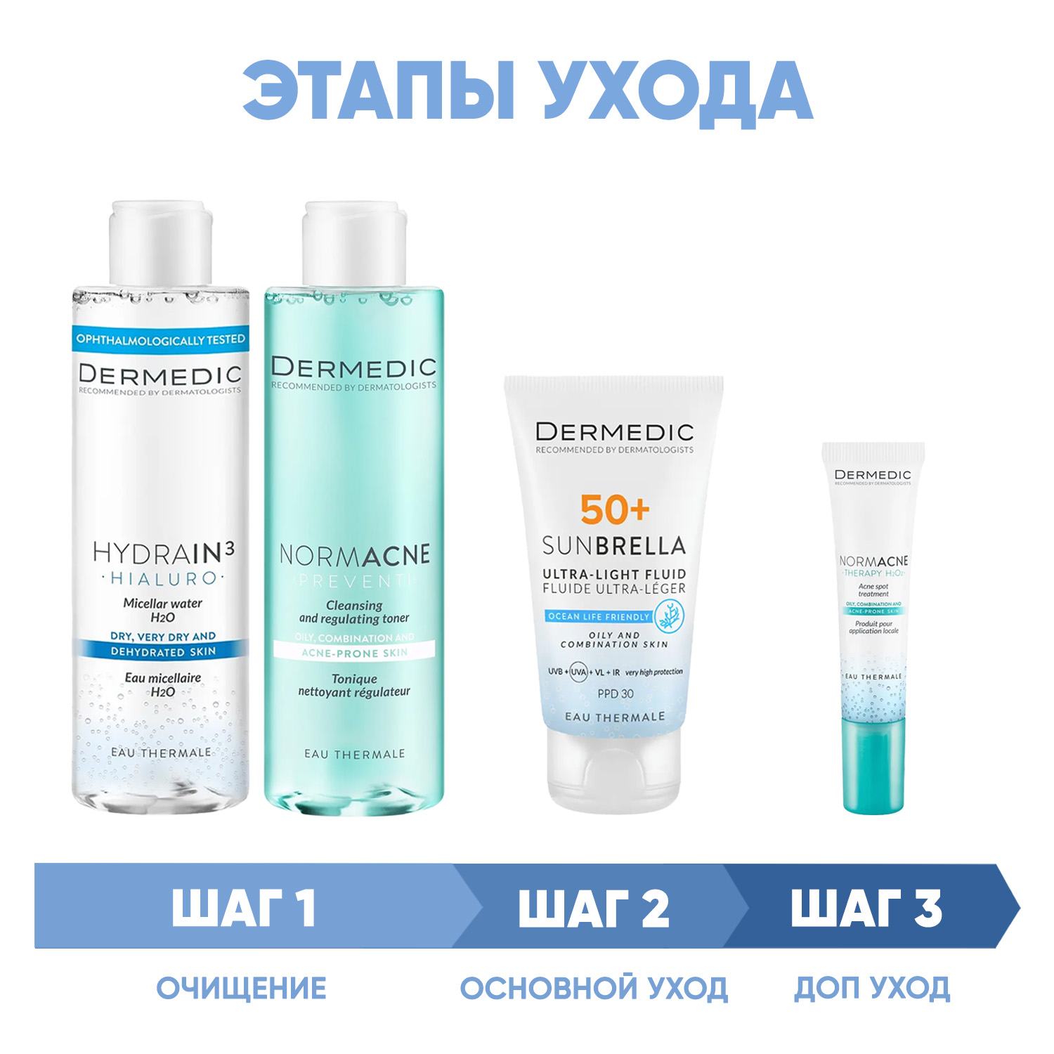 Дермедик Программа Normacne комплексный уход: мицеллярная вода 200 мл + тоник 200 мл + флюид  SPF50+ 40 мл + точечный гель 15 мл (Dermedic, Normacne) фото 1