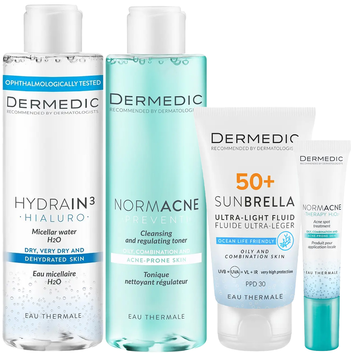 Дермедик Программа Normacne комплексный уход: мицеллярная вода 200 мл + тоник 200 мл + флюид  SPF50+ 40 мл + точечный гель 15 мл (Dermedic, Normacne) фото 2