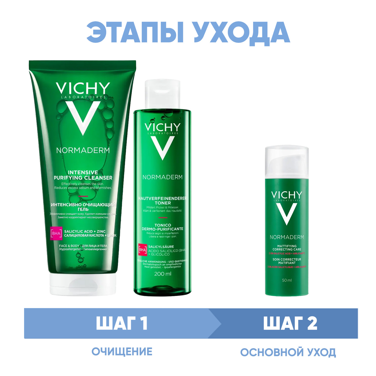 Виши Программа Normaderm очищение и  основной уход: гель 200 мл + лосьон 200 мл + крем  50 мл (Vichy, Normaderm) фото 1