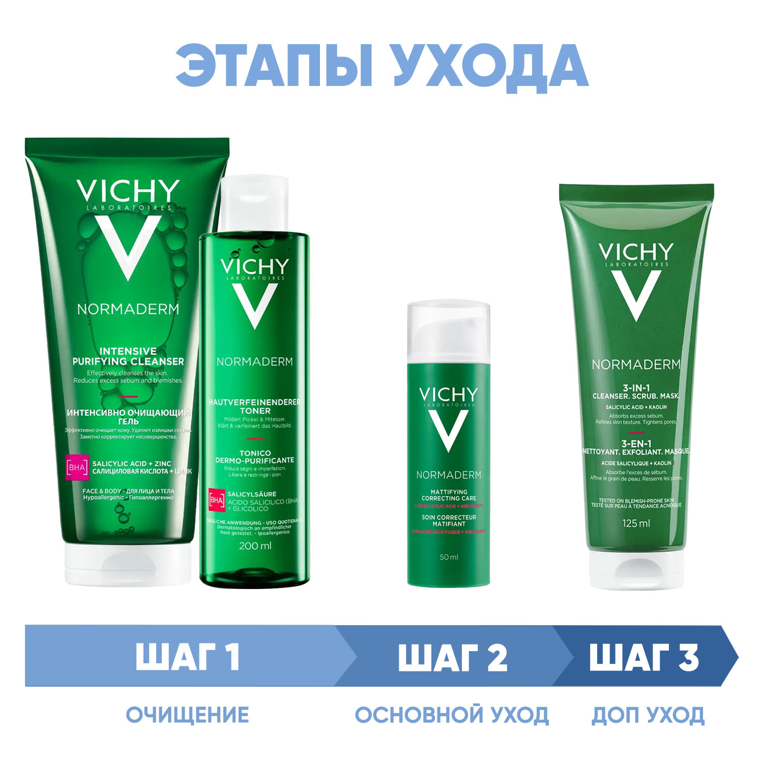 Виши Программа Normaderm комплексный уход: гель 200 мл + лосьон 200 мл + крем  50 мл + средство 3в1 125 мл (Vichy, Normaderm) фото 1