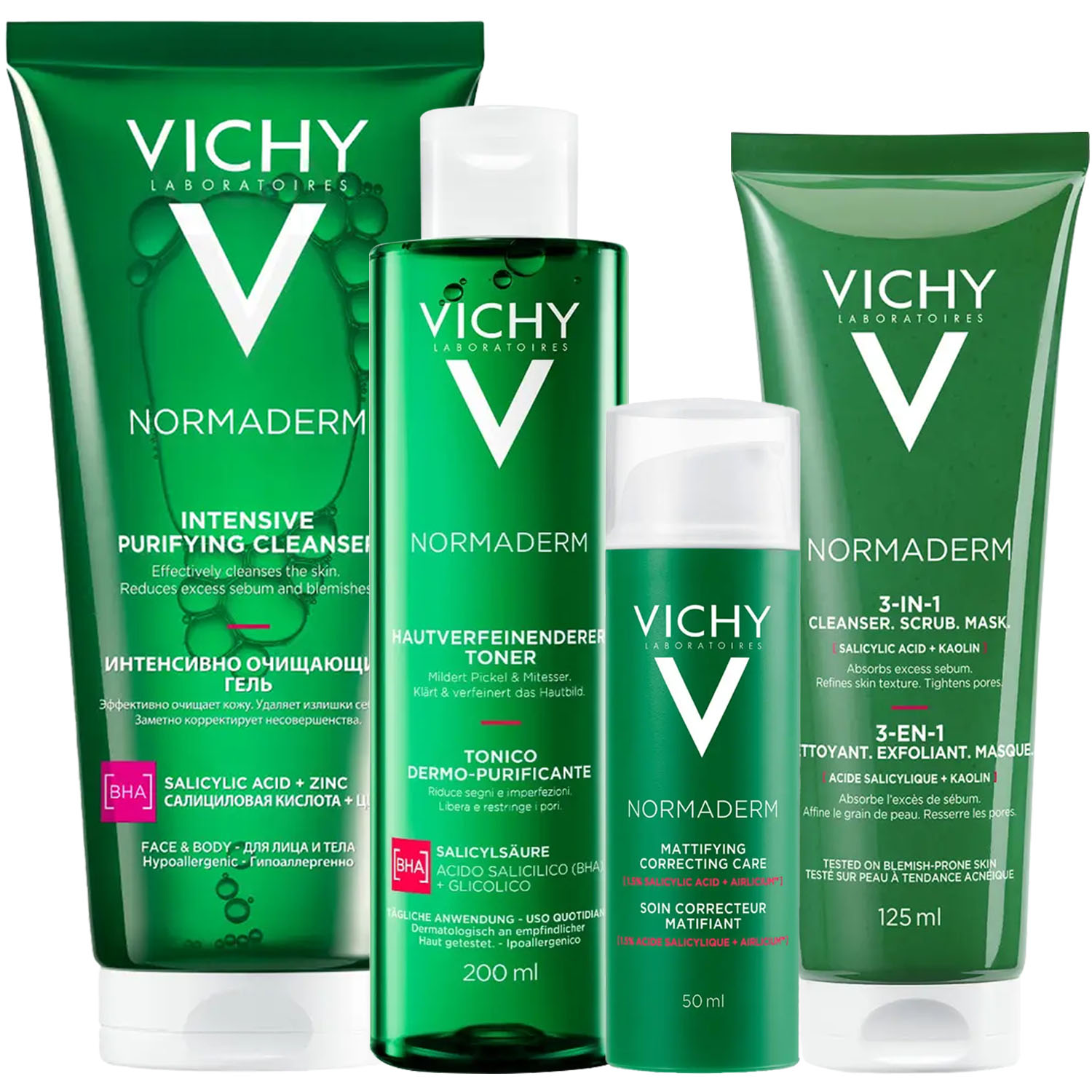 Виши Программа Normaderm комплексный уход: гель 200 мл + лосьон 200 мл + крем  50 мл + средство 3в1 125 мл (Vichy, Normaderm) фото 2