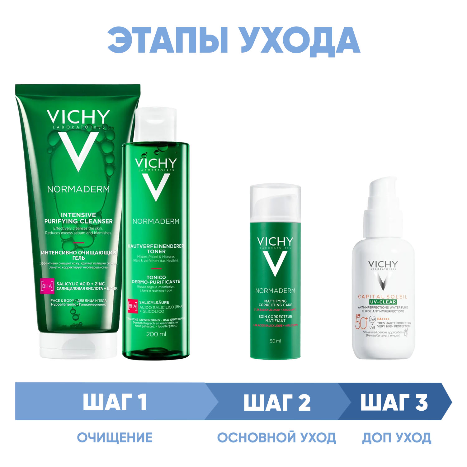 Виши Программа Normaderm комплексный уход: гель 200 мл + лосьон 200 мл + крем  50 мл + флюид SPF50+ 40 мл (Vichy, Normaderm) фото 1