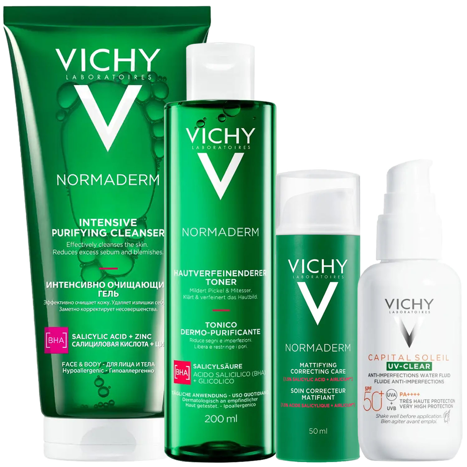 Виши Программа Normaderm комплексный уход: гель 200 мл + лосьон 200 мл + крем  50 мл + флюид SPF50+ 40 мл (Vichy, Normaderm) фото 2