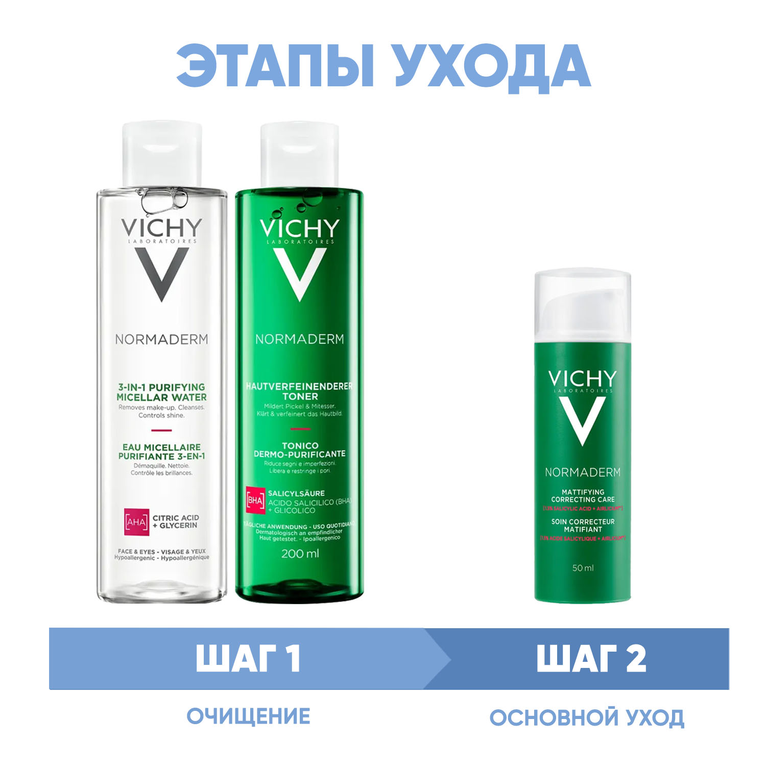 Виши Программа Normaderm очищение и  основной уход: мицеллярный лосьон 200 мл + лосьон для сужения пор 200 мл + крем  50 мл (Vichy, Normaderm) фото 1