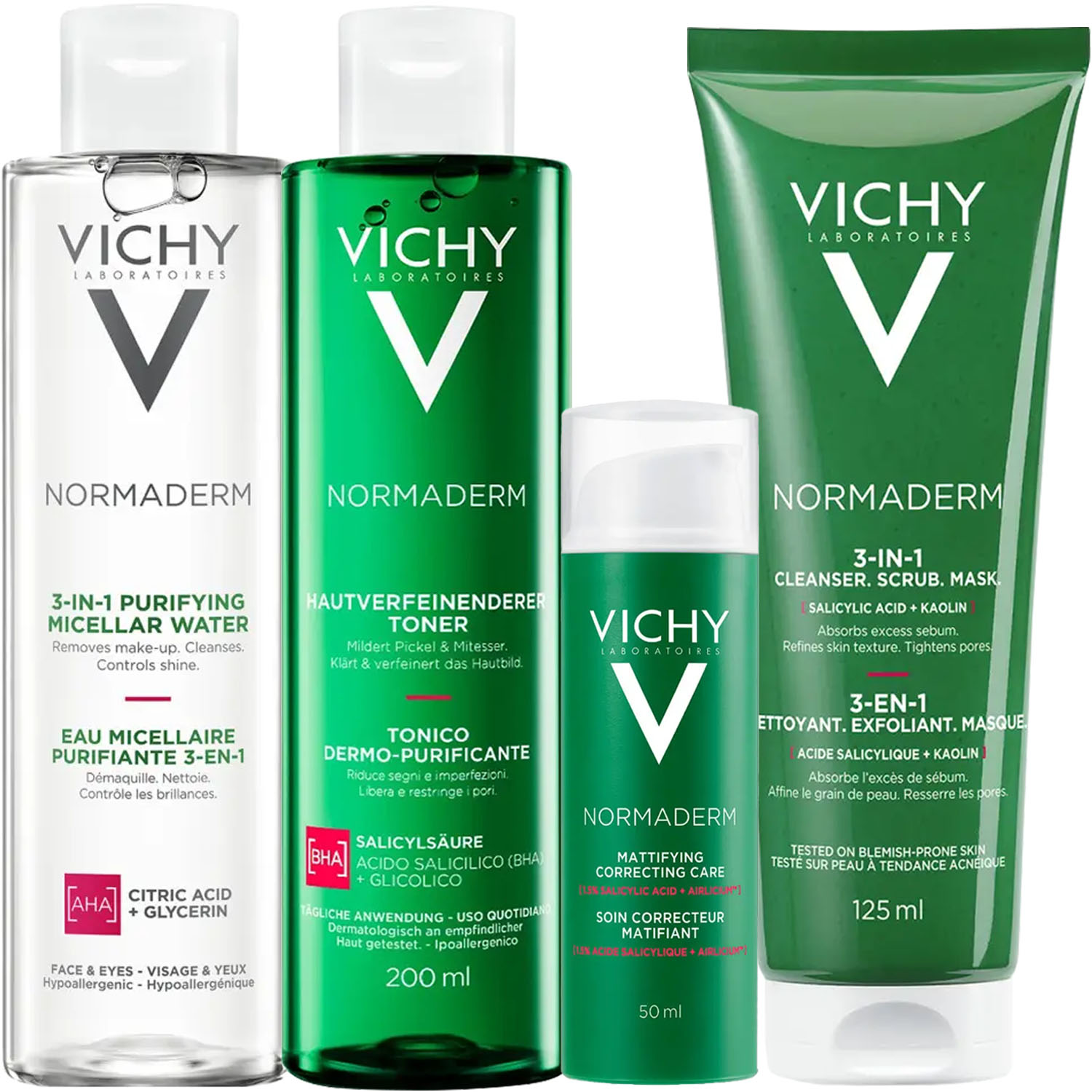 Виши Программа Normaderm комплексный уход: мицеллярный лосьон 200 мл + лосьон для сужения пор 200 мл + крем  50 мл + средство 3в1 125 мл (Vichy, Normaderm) фото 2