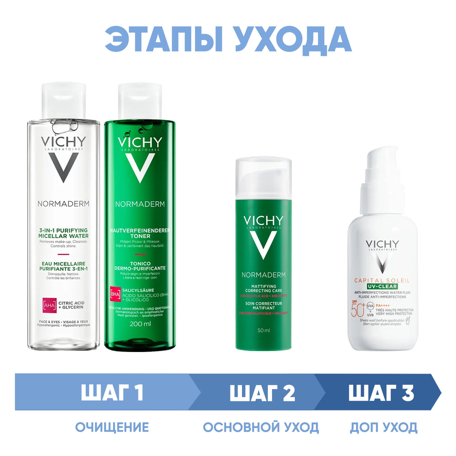 Виши Программа Normaderm комплексный уход: мицеллярный лосьон 200 мл + лосьон для сужения пор 200 мл + крем  50 мл + флюид SPF50+ 40 мл (Vichy, Normaderm) фото 1