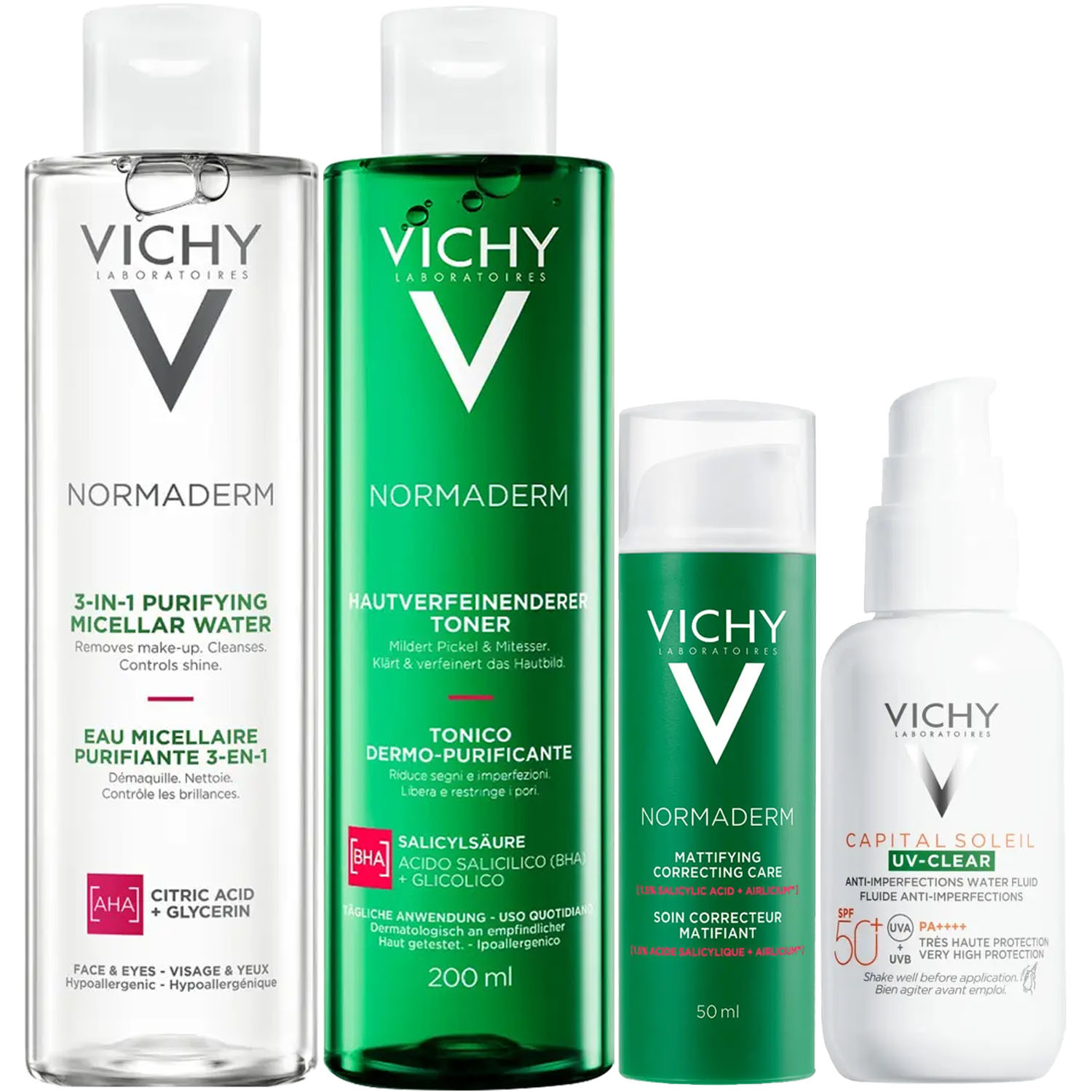 Виши Программа Normaderm комплексный уход: мицеллярный лосьон 200 мл + лосьон для сужения пор 200 мл + крем  50 мл + флюид SPF50+ 40 мл (Vichy, Normaderm) фото 2