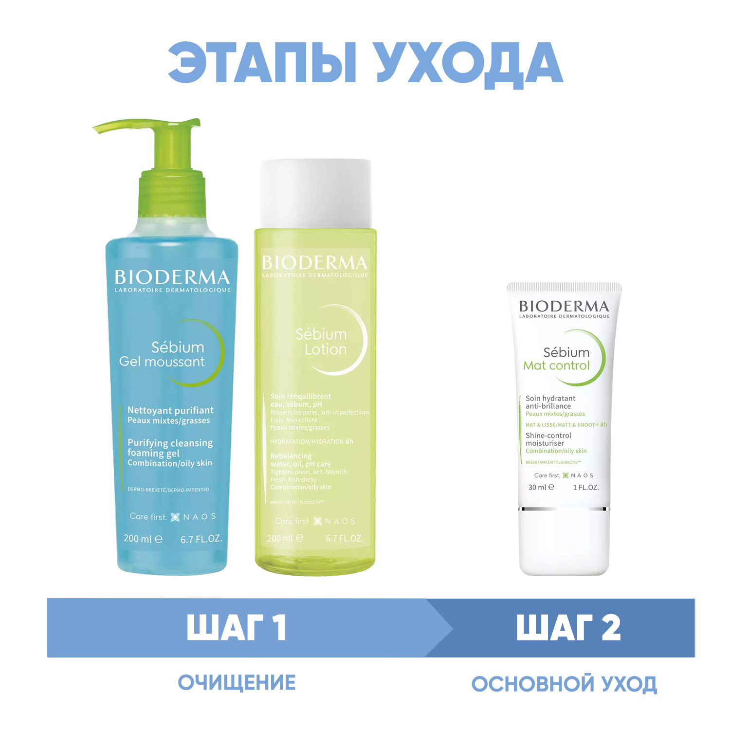 Bioderma Программа Sebium очищение и основной уход гель 200 мл  лосьон 200 мл  крем 30 мл. фото