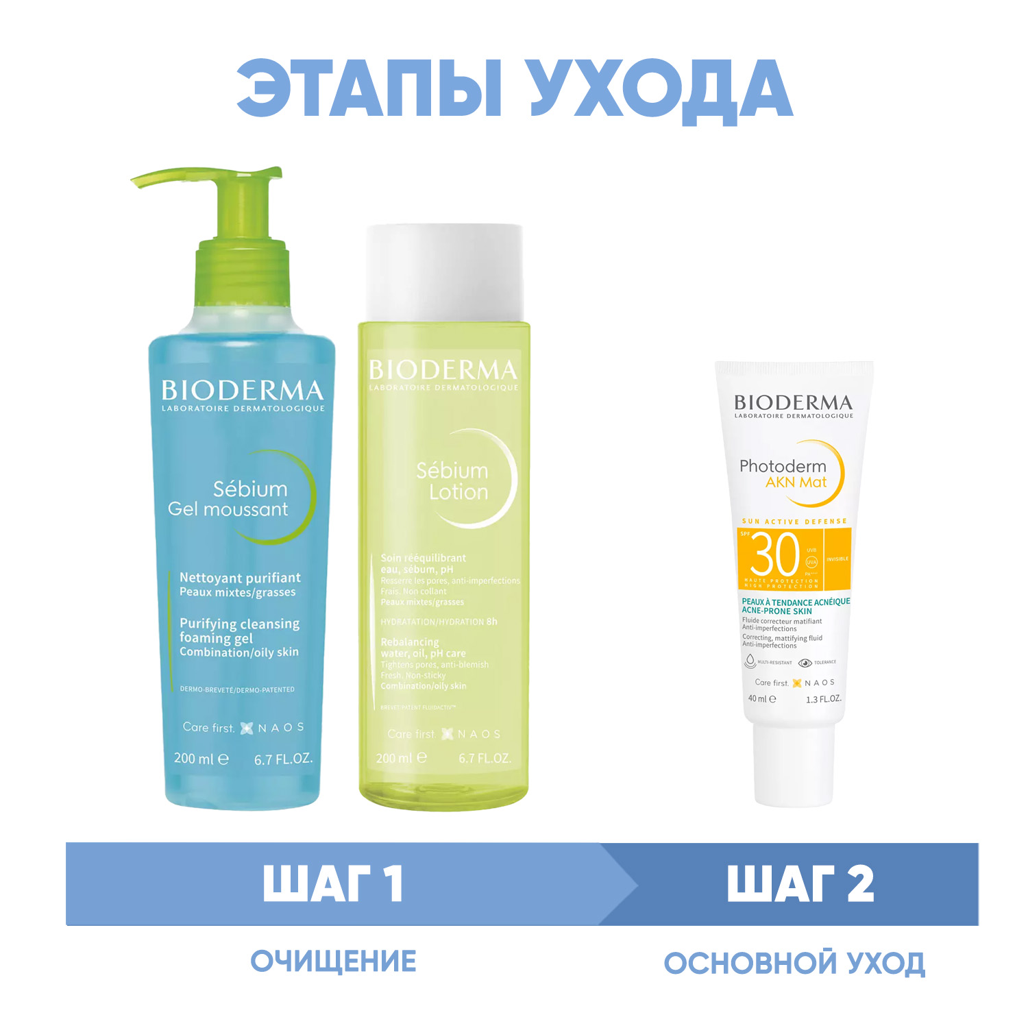 Биодерма Программа Sebium очищение и основной уход: гель 200 мл + лосьон 200 мл + эмульсия SPF30 40 мл (Bioderma, Sebium) фото 1
