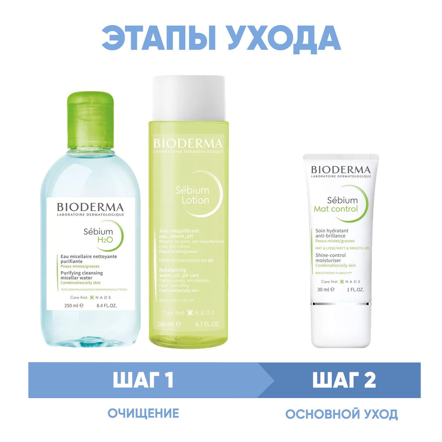Bioderma Программа Sebium очищение и основной уход мицеллярная вода 250 мл  лосьон 200 мл  крем 30 мл. фото