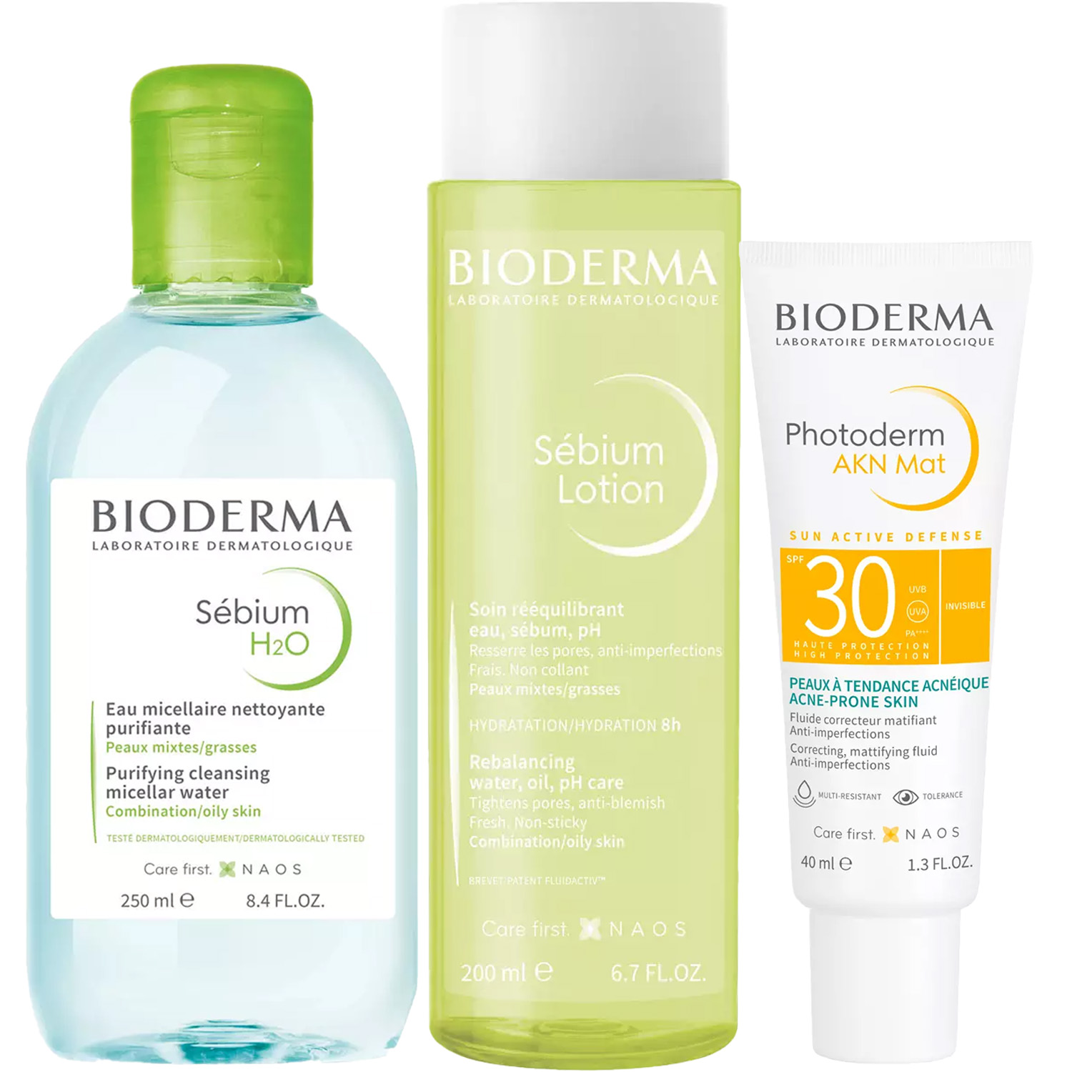 Биодерма Программа Sebium очищение и основной уход: мицеллярная вода 250 мл + лосьон 200 мл + эмульсия SPF30 40 мл (Bioderma, Sebium) фото 2
