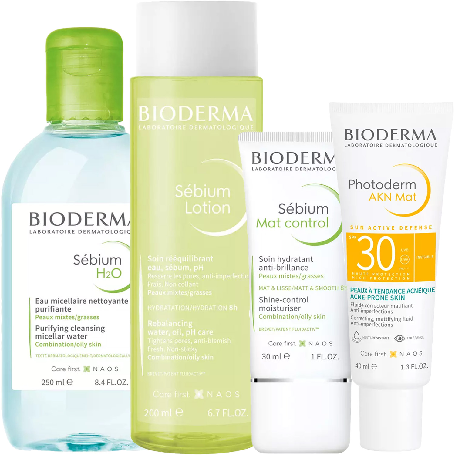 Биодерма Программа Sebium комплексный уход: мицеллярная вода 250 мл + лосьон 200 мл + крем 30 мл + эмульсия SPF30 40 мл (Bioderma, Sebium) фото 2