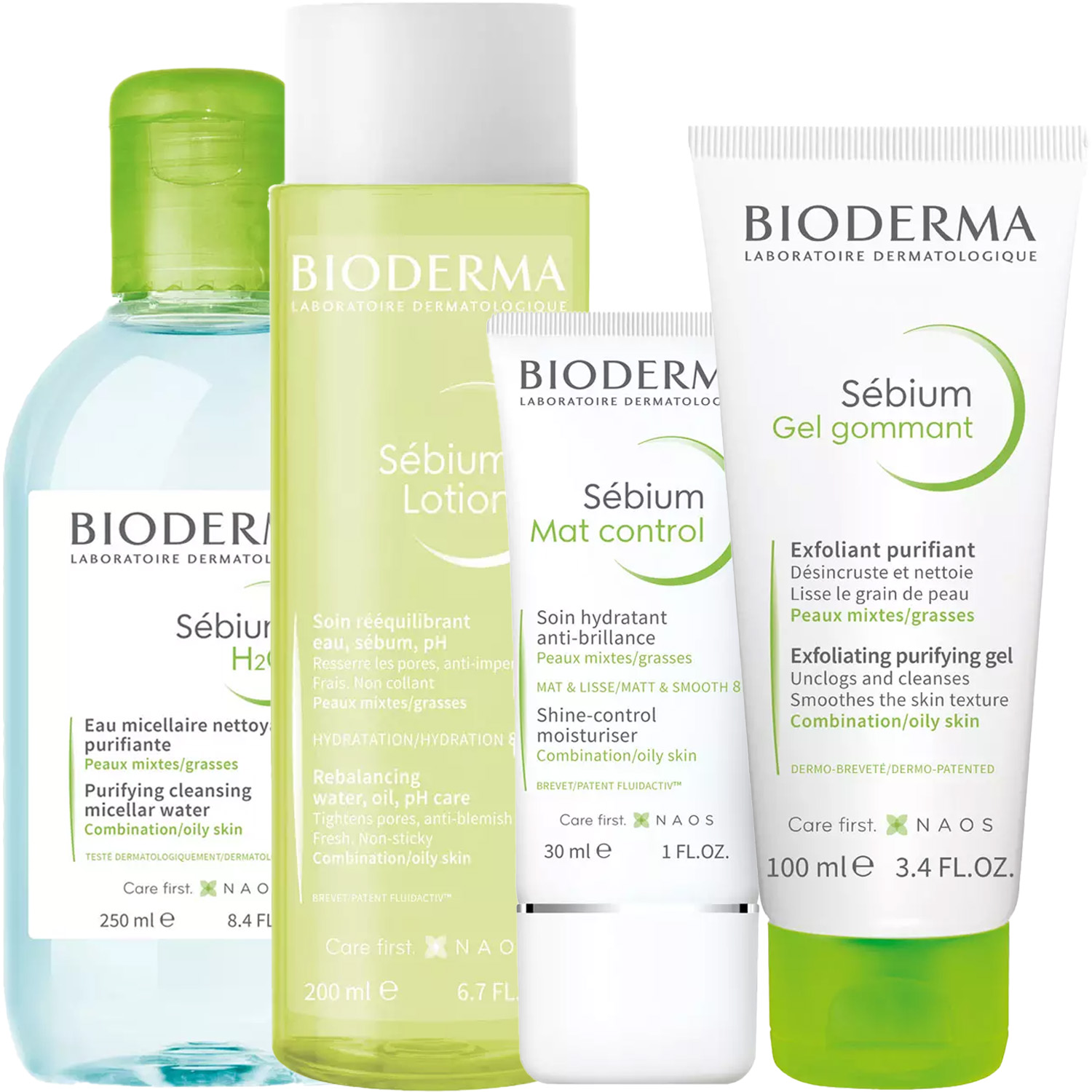 Биодерма Программа Sebium комплексный уход: мицеллярная вода 250 мл + лосьон 200 мл + крем 30 мл + скраб 100 мл (Bioderma, Sebium) фото 2