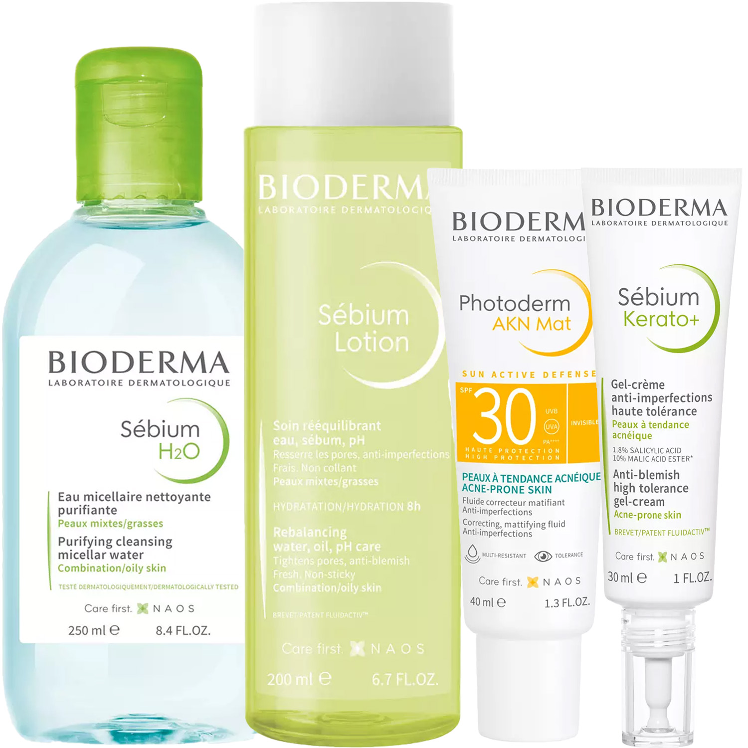 Биодерма Программа Sebium комплексный уход: мицеллярная вода 250 мл + лосьон 200 мл + эмульсия SPF30 40 мл + гель-крем 30 мл (Bioderma, Sebium) фото 2
