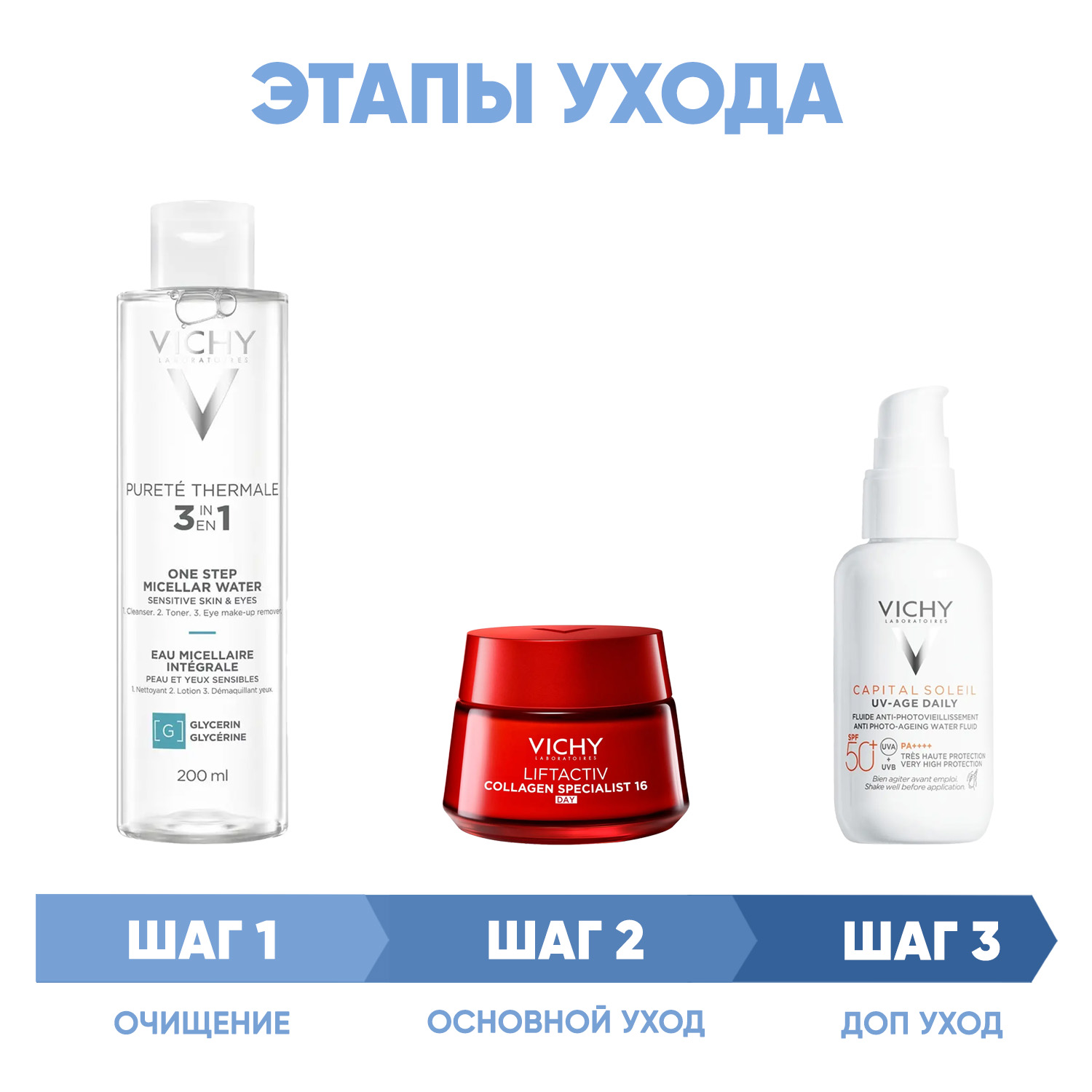 Виши Программа Liftactiv комплексный уход: мицеллярная вода 200 мл + крем день 50 мл + флюид SPF50+ 40 мл (Vichy, Liftactiv) фото 1