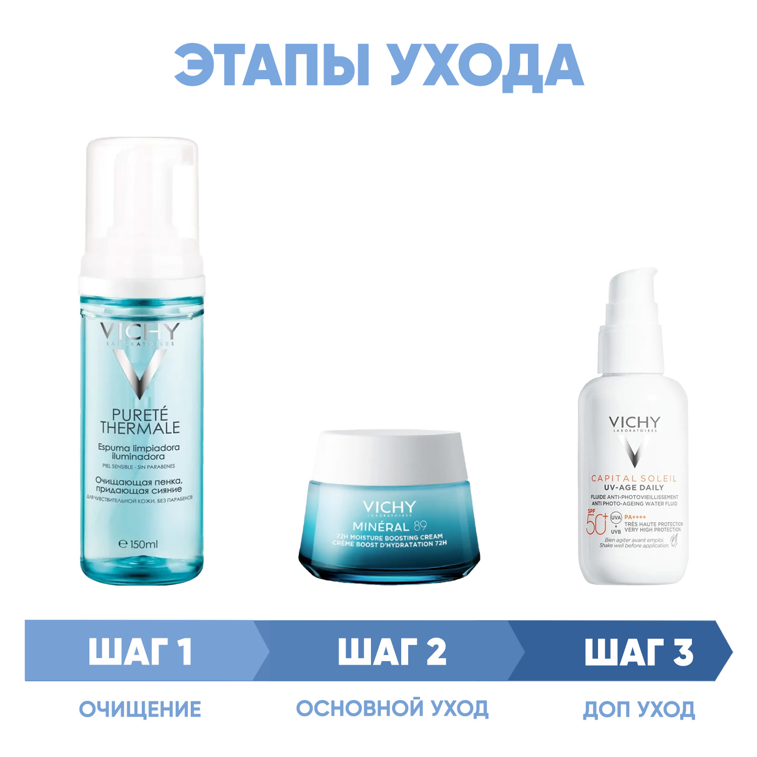 Виши Программа Mineral 89 комплексный уход: пенка 150 мл + крем 50 мл + флюид SPF50+ 40 мл (Vichy, Mineral 89) фото 1