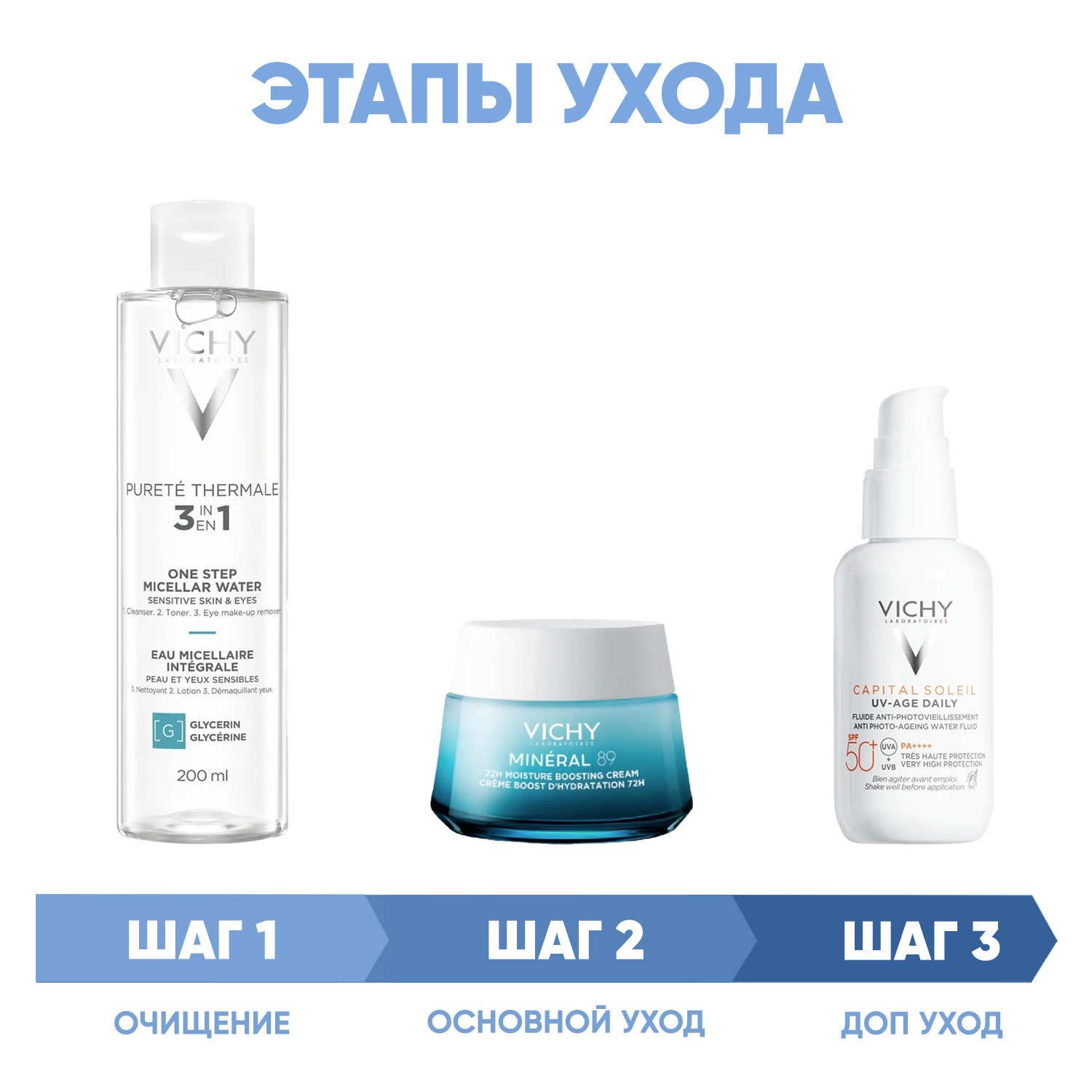 Виши Программа Mineral 89 комплексный уход: мицеллярная вода 200 мл + крем 50 мл + флюид SPF50+ 40 мл (Vichy, Mineral 89) фото 1