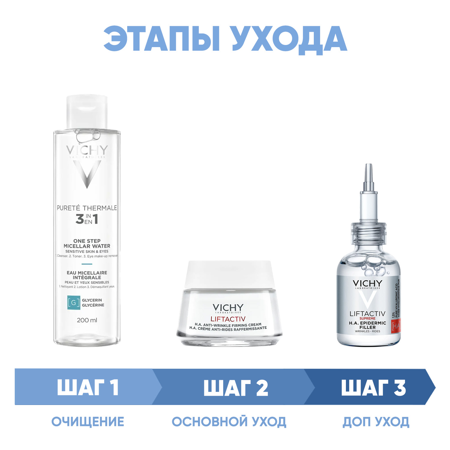 Виши Программа Liftactiv Supreme комплексный уход: мицеллярная вода 200 мл + крем для сухой кожи 50 мл + сыворотка 30 мл (Vichy, Liftactiv) фото 1