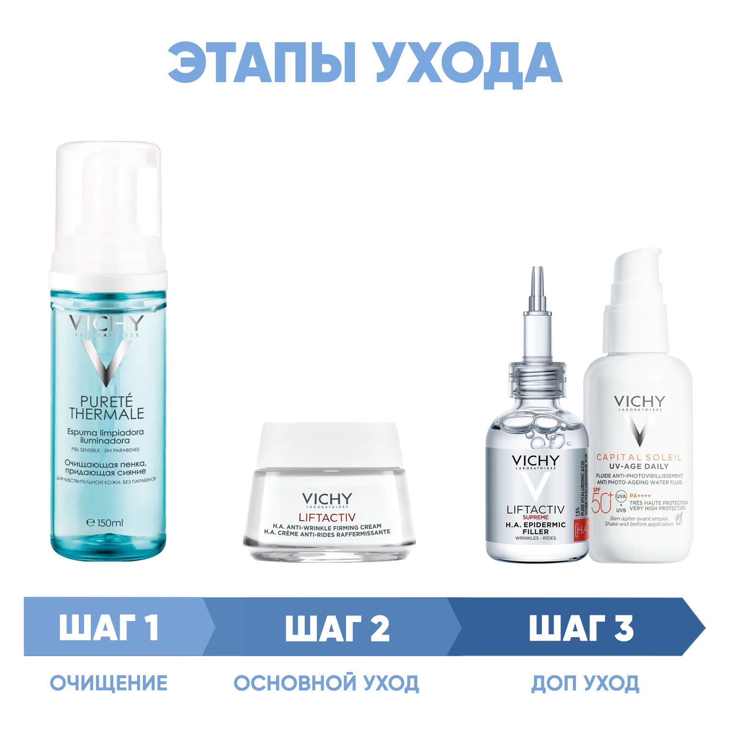 Виши Программа Liftactiv Supreme комплексный уход: пенка 150 мл + крем день норм/комби 50 мл + сыворотка 30 мл + флюид SPF50+ 40 мл (Vichy, Liftactiv) фото 1