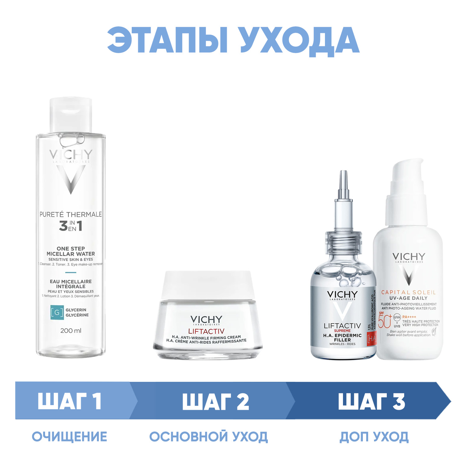 Виши Программа Liftactiv Supreme комплексный уход: мицеллярная вода 200 мл + крем для сухой кожи 50 мл + сыворотка 30 мл + флюид SPF50+ 40 мл (Vichy, Liftactiv) фото 1