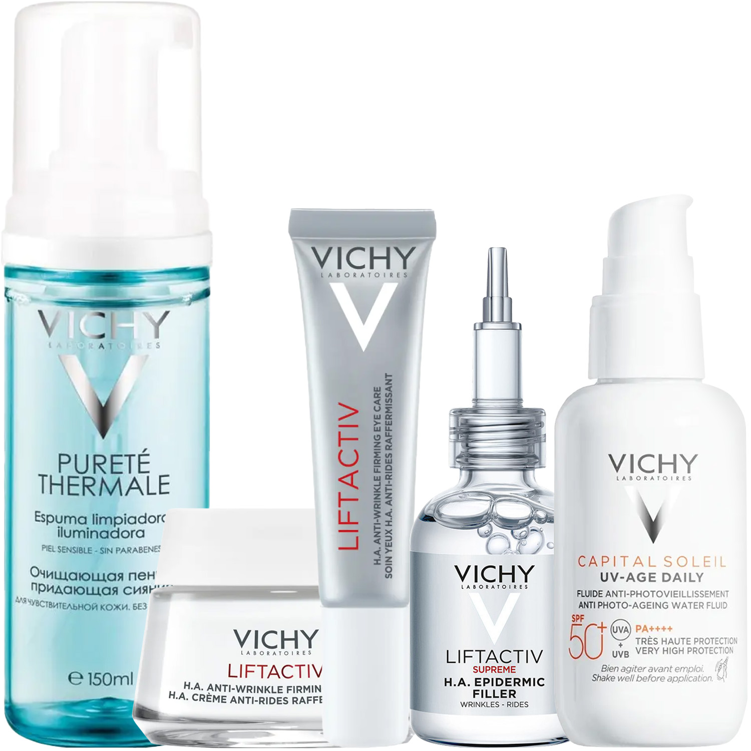 Виши Программа Liftactiv Supreme комплексный уход: пенка 150 мл + крем день норм/комби 50 мл + крем для век 15 мл + сыворотка 30 мл + флюид SPF50+ 40 мл (Vichy, Liftactiv) фото 2