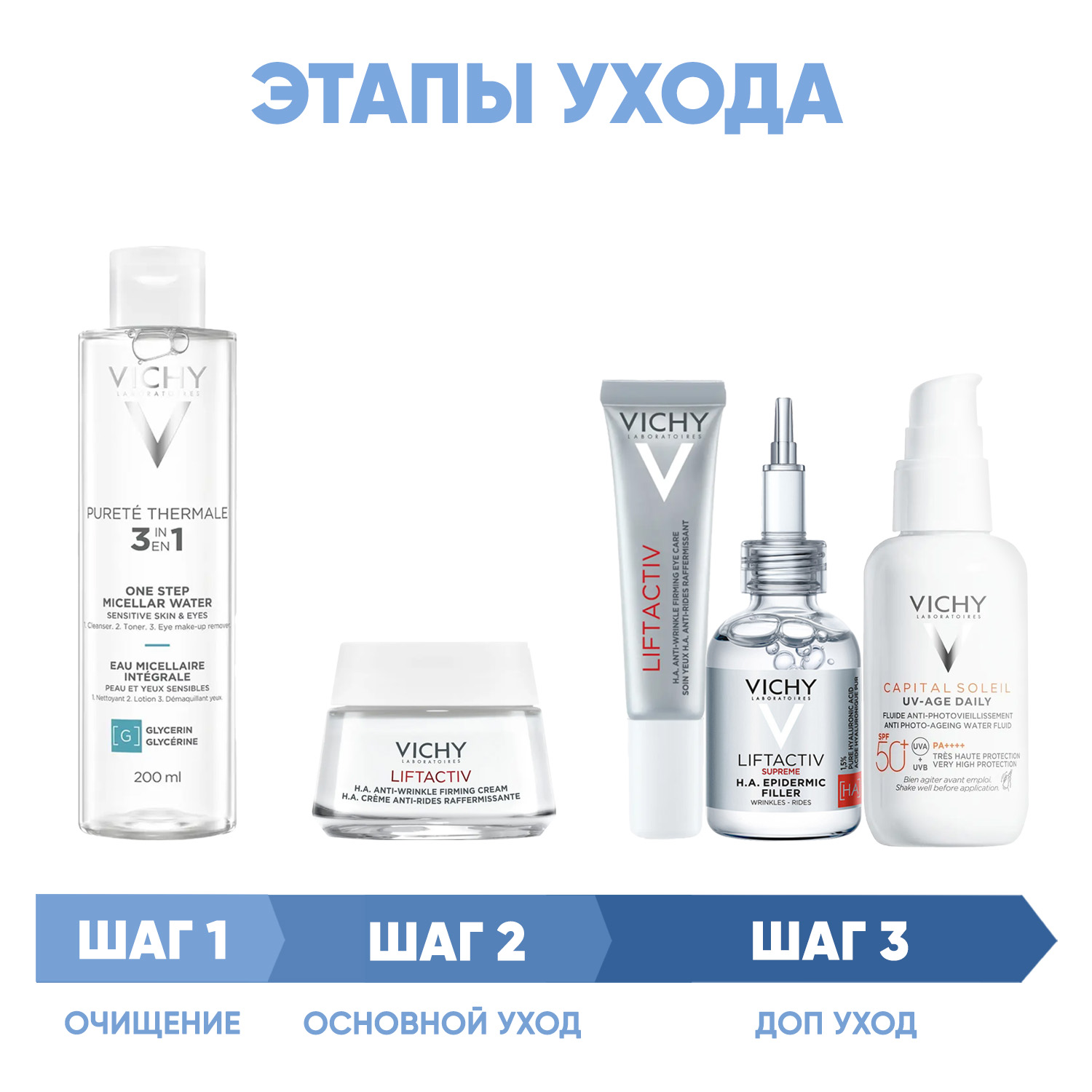 Виши Программа Liftactiv Supreme комплексный уход: мицеллярная вода 200 мл + крем день норм/комби 50 мл + крем для век 15 мл + сыворотка 30 мл + флюид SPF50+ 40 мл (Vichy, Liftactiv) фото 1