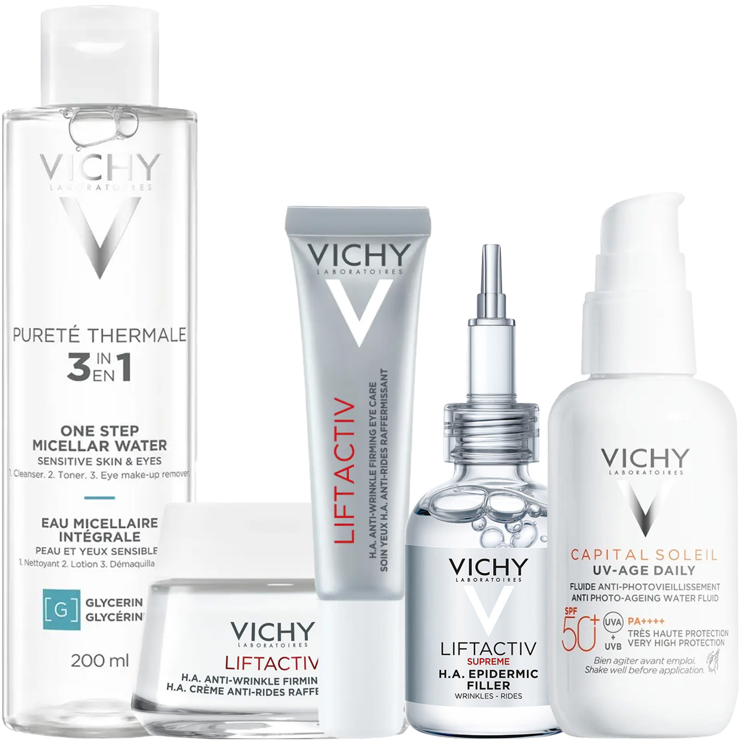 Виши Программа Liftactiv Supreme комплексный уход: мицеллярная вода 200 мл + крем день норм/комби 50 мл + крем для век 15 мл + сыворотка 30 мл + флюид SPF50+ 40 мл (Vichy, Liftactiv) фото 2